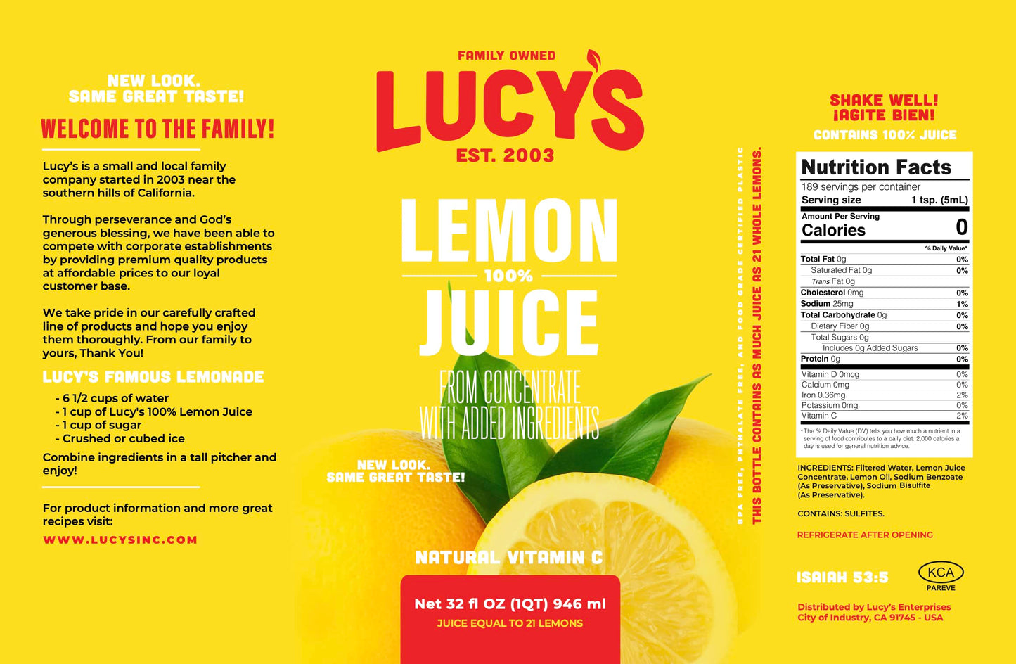 Lucy's Family Owned - 100% Lemon Juice 32oz. Bottle (2 PACK)