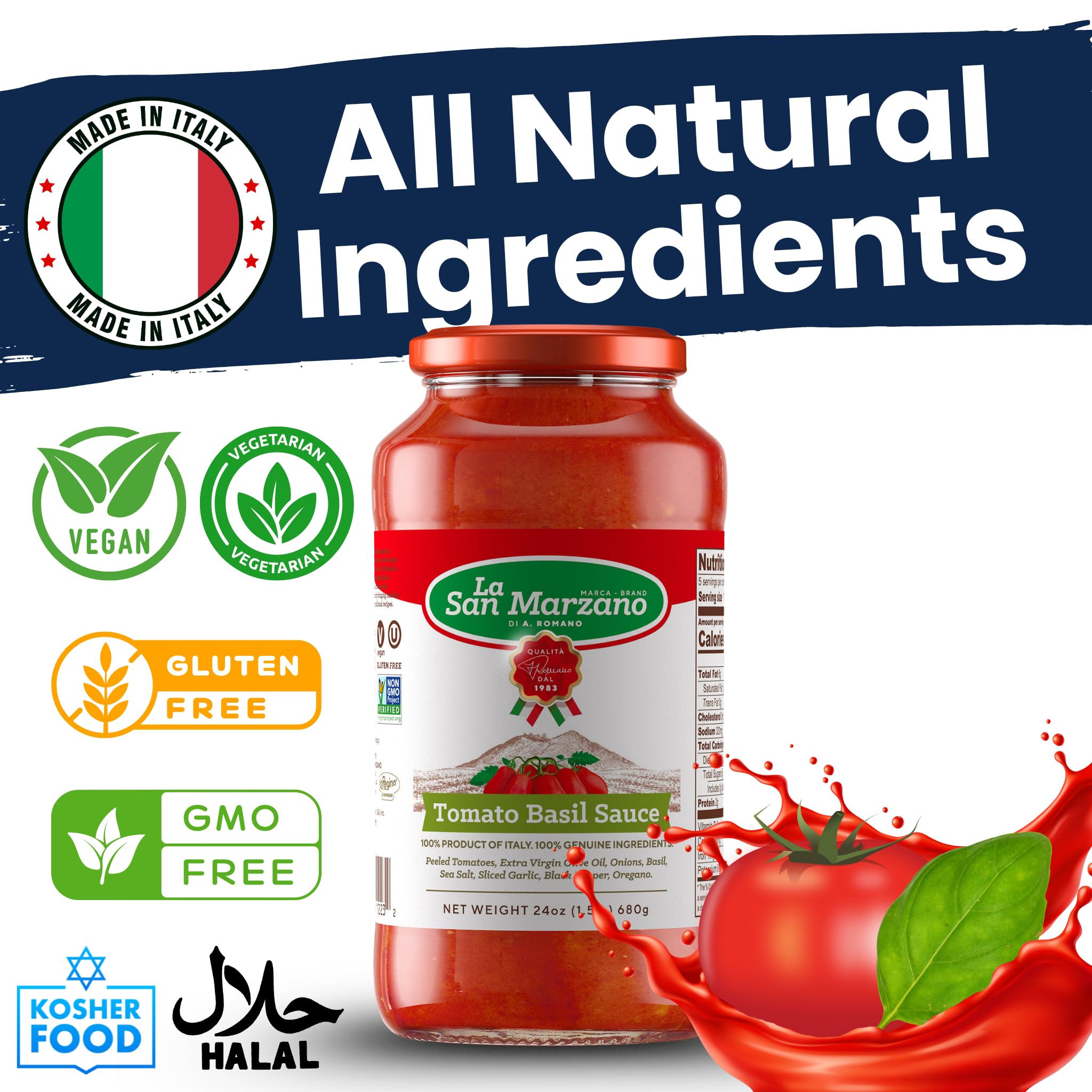 La San Marzano Tomato Basil Sauce, 24 oz, Pasta Sauce Made in Italy, All Purpose Tomato Premium Quality, All Natural, Mediterranean Diet, Non GMO
