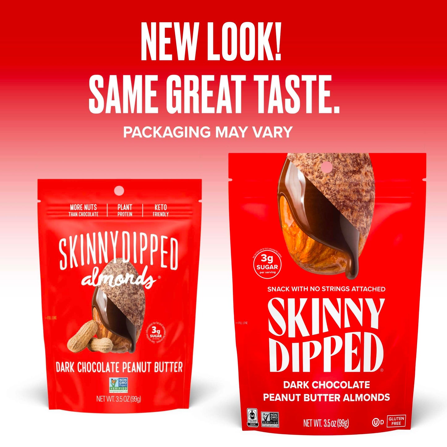 SkinnyDipped Dark Chocolate Peanut Butter Almonds, Healthy Snack, Plant Protein, Gluten Free, 3.5 oz Resealable Bags, Pack of 1