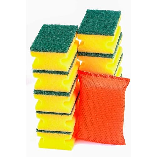 VHD Easy Grab Nail Saver Scrub Sponges, for Washing Dishes and Cleaning Kitchen, for All Surfaces, 10 Pieces Scrub Sponges with 1 Piece Orange
