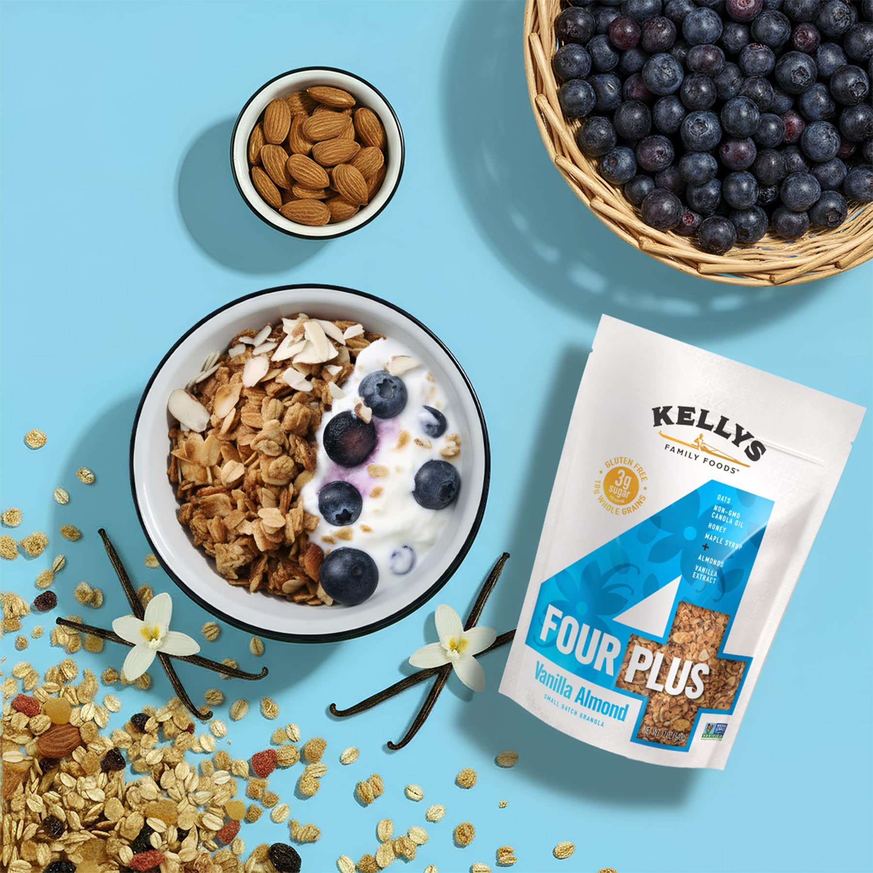 Kellys Four Plus Granola Cereal | Vanilla Almond Healthy Granola for Yogurt | Hand Made Snacks for Breakfast - 12 oz