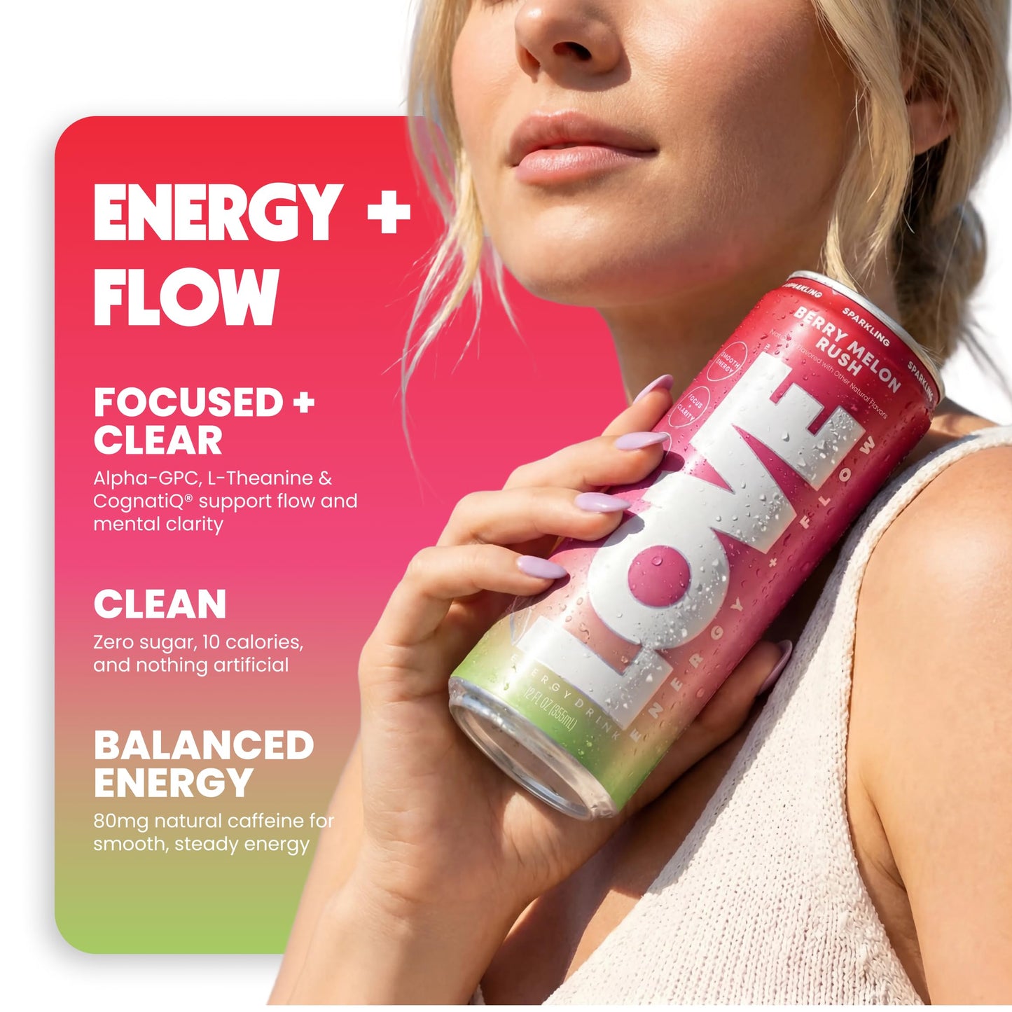 Be LOVE™ Nootropic Energy Drink - 80mg Natural Caffeine, L-Theanine & Alpha-GPC for Clean Calm Focus - Zero Sugar, Low Calorie, 100% DV B-Vitamins