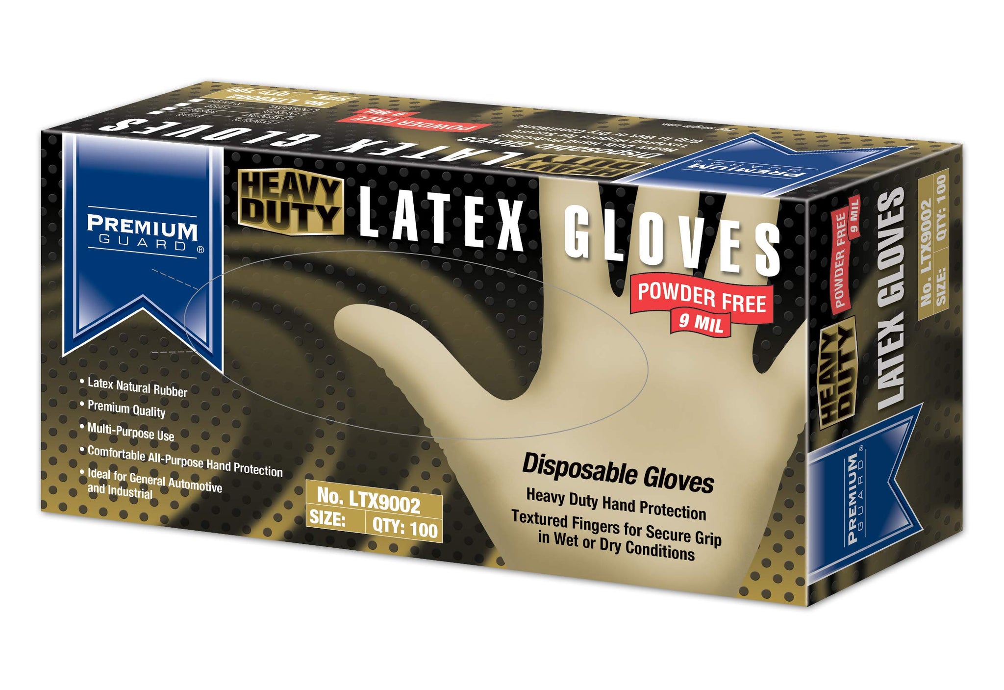 Premium Guard - 9Mil, Heavy Duty Disposable Latex Gloves, Powder Free, 100 gloves per Box, Size - XL