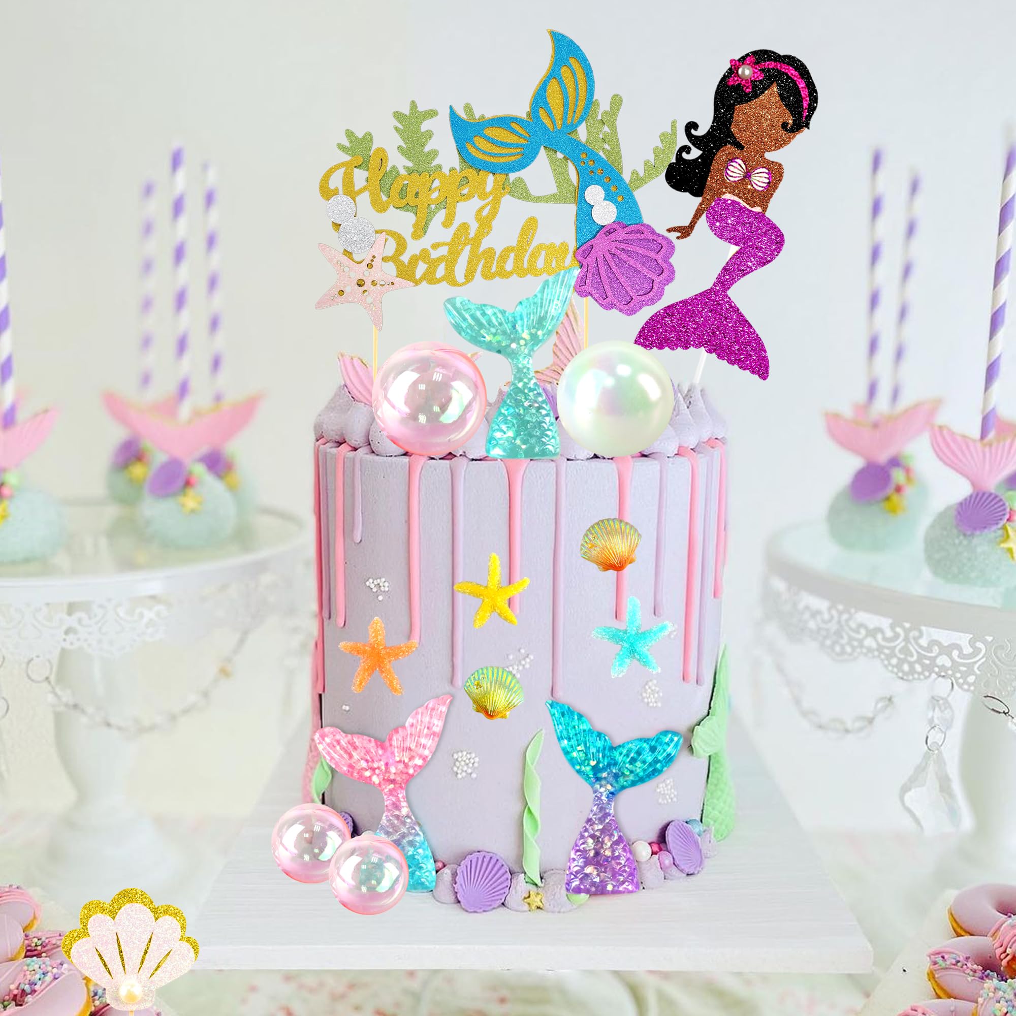 25 PCS Glitter Mermaid Theme Birthday Cake Topper Under the Sea Party Supplies Cake Decoration Cupcake Toppers Mermaid Tail Starfish Conch Seahorse