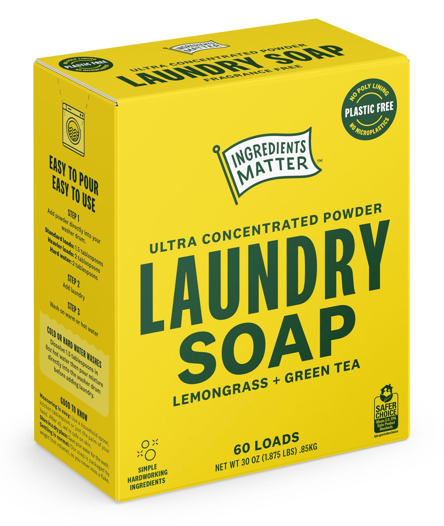 Ingredients Matter Powder Laundry Soap - Lemongrass Scent, Hypoallergenic Detergent, Natural & Eco-Friendly, Plastic Free, Made in USA, Natural