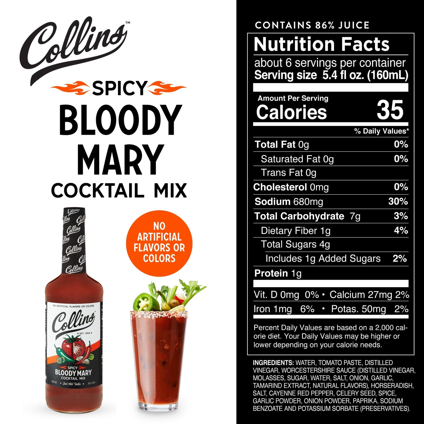 Collins Spicy Bloody Mary Mix, Made With Tomato, Garlic, Worcestershire, Horseradish, Cayenne and Other Spices, Brunch Cocktail Recipe, Bartender