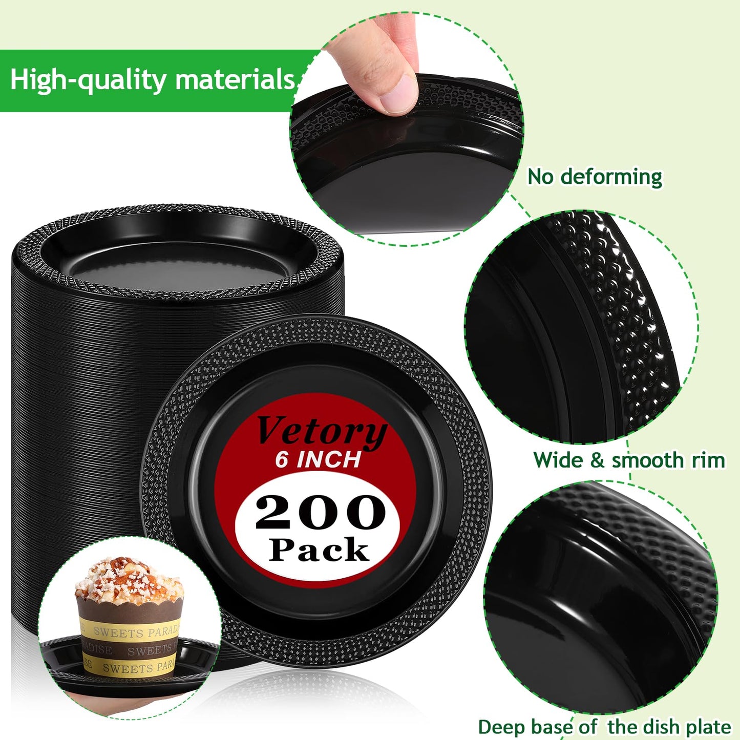 Vetory 200pcs Heavy Duty Round Dinner Party Plates - Disposable Black Plastic Plates for Birthday Party, Buffet, Travel, Picnic