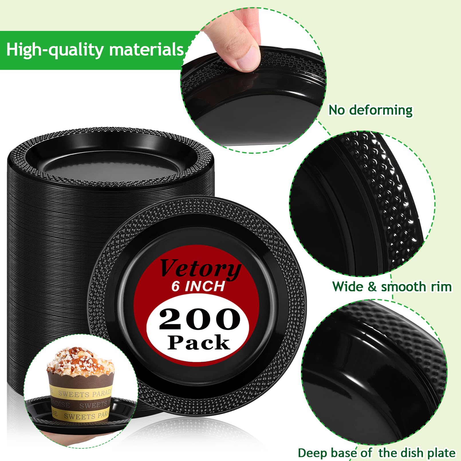 Vetory 200pcs Heavy Duty Round Dinner Party Plates - Disposable Black Plastic Plates for Birthday Party, Buffet, Travel, Picnic