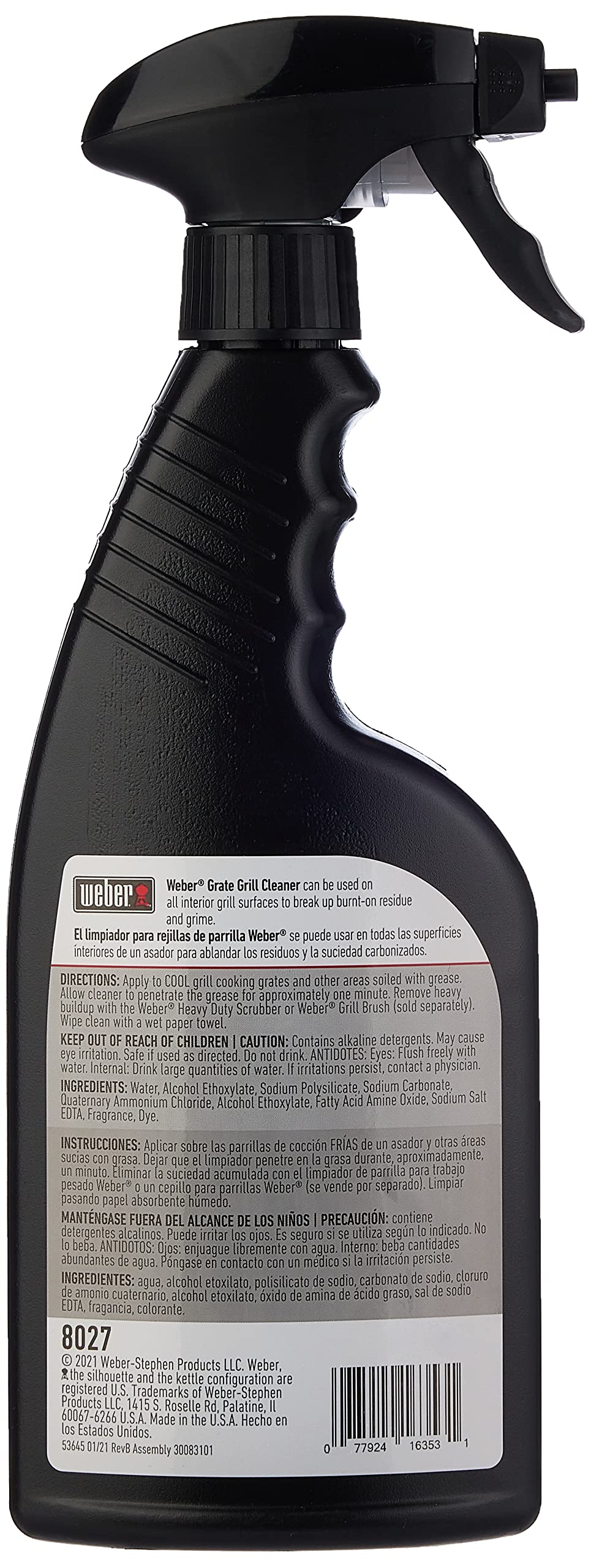 Weber Outdoor Grill Spray Bottle Cleaner & Degreaser, 16 oz - Safe, Non?Corrosive, Effective Formula for Stainless Steel & Cast?Iron Grates, Smokers