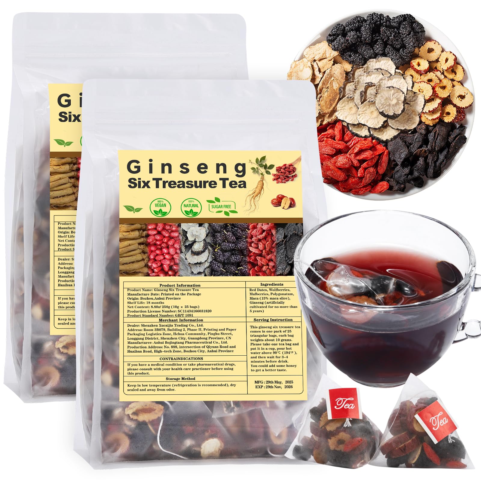 Kidney Tea Formula Ginseng Six Treasure Tea, Traditional Chinese Herbal Kidney Cleanse Detox Teas for Women and Men, 6 Precious Ingredients Formula (2