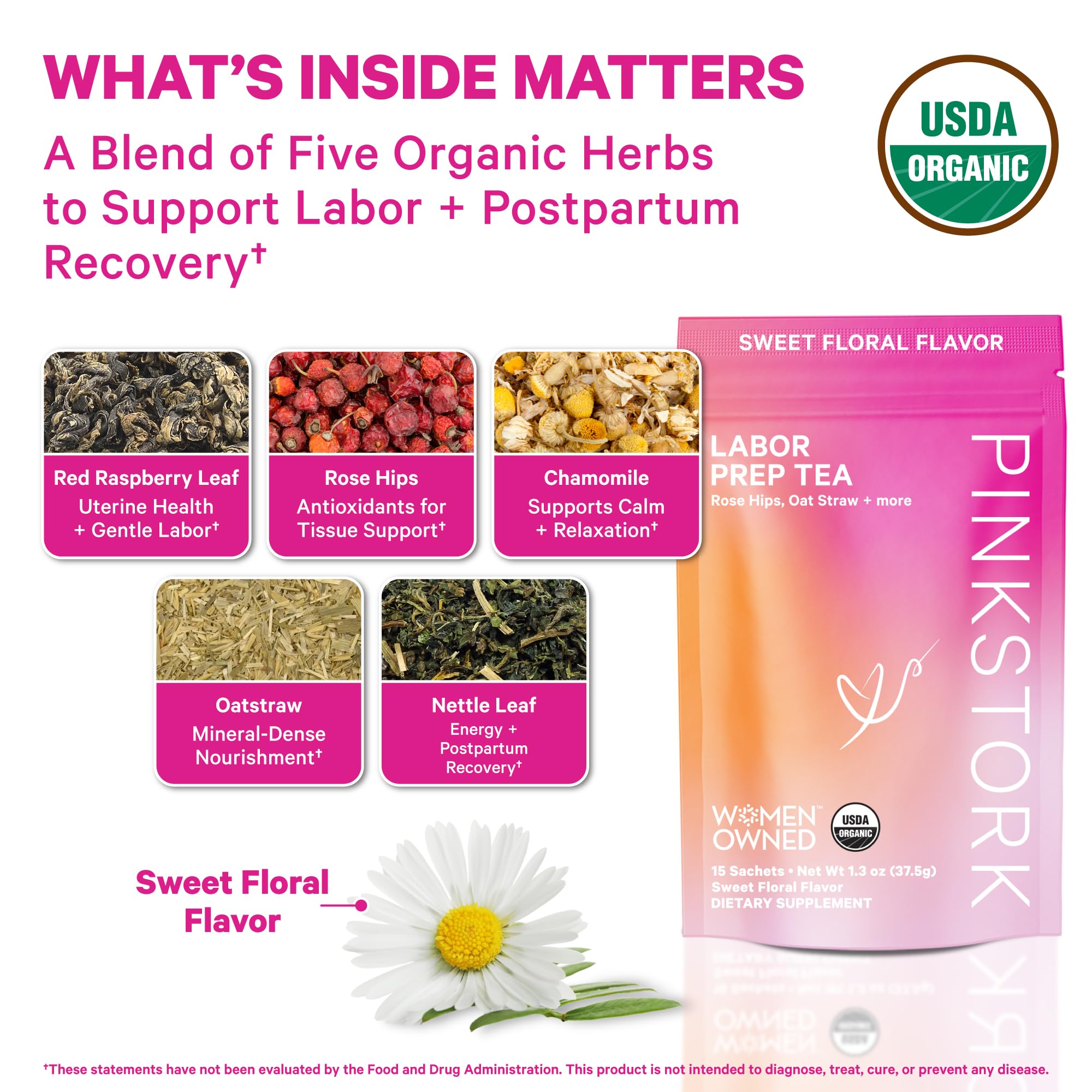 Pink Stork Labor Prep Tea, Organic Red Raspberry Leaf with Chamomile and Rosehip, Caffeine-Free, Pregnancy Must Haves, Labor and Delivery Essentials