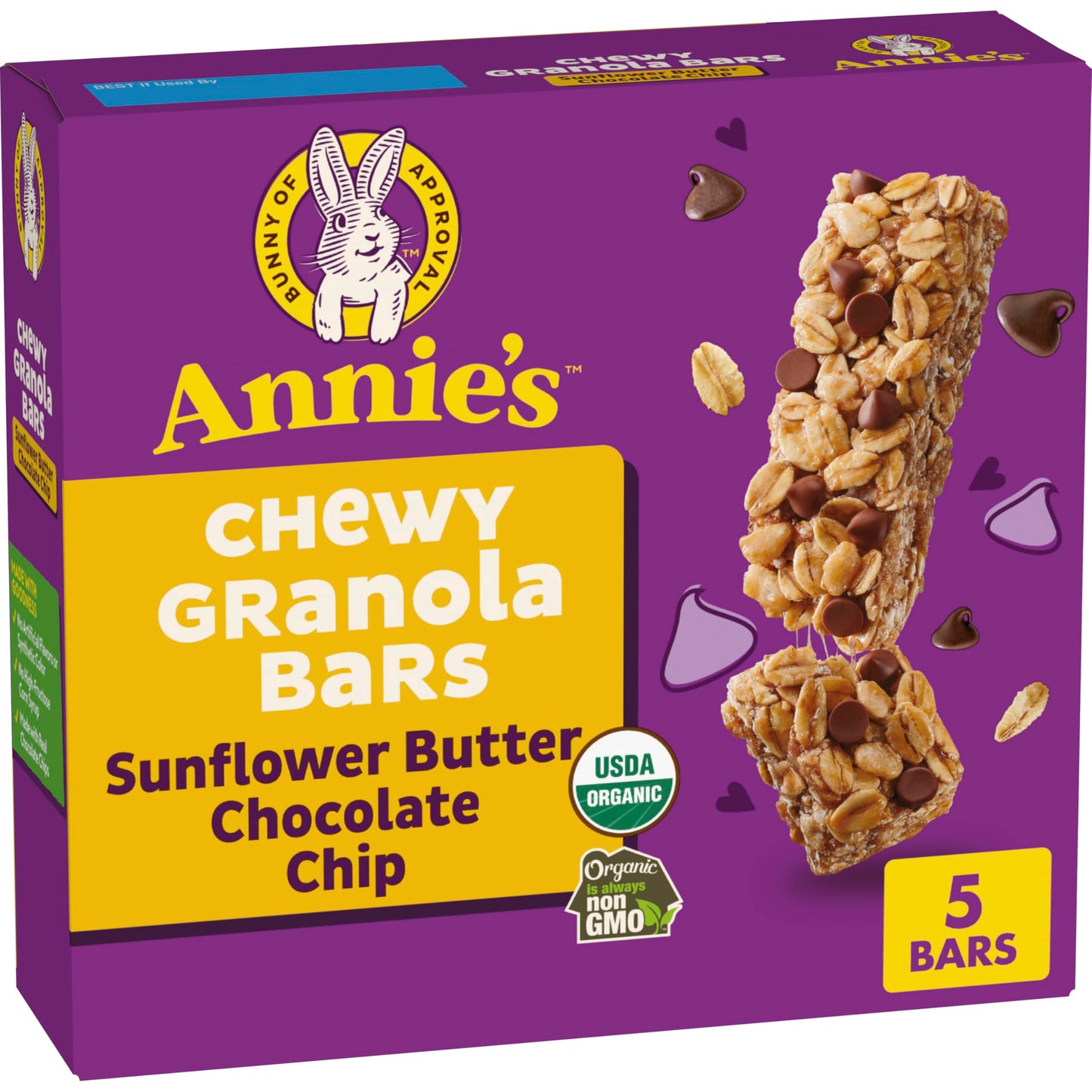 Annie's Chewy Granola Bars, Sunflower Butter Chocolate Chip, Organic Snacks, 5 Count, 4.45 oz