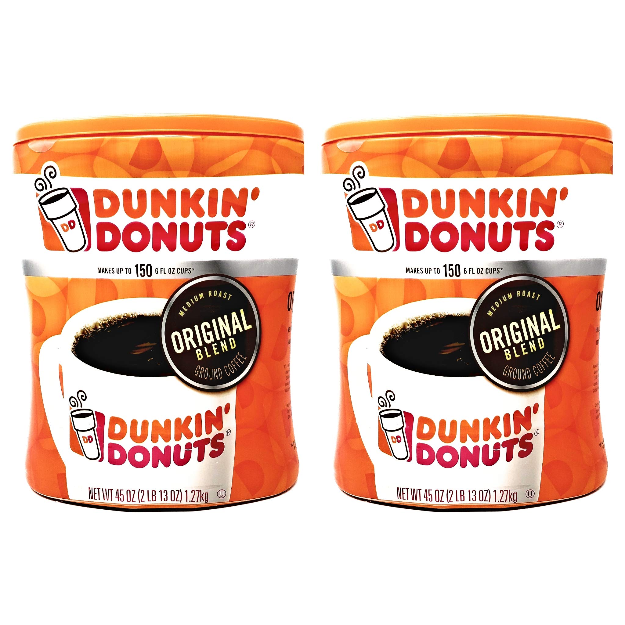 Dunkin Donuts Original Blend Ground Coffee - 90 oz Total - 45 oz Per Canister - Pack of 2 Canisters of Dunkin Donuts Ground Coffee - 100% Arabica