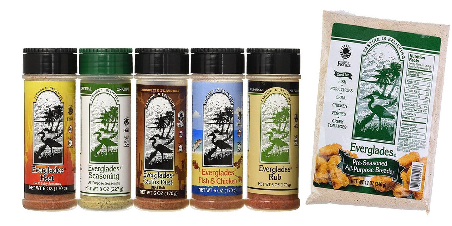Everglades Seasoning Sampler & Cactus Dust Breader - Fish & Chicken Rub - 5 Pack, 6 oz & 8 oz