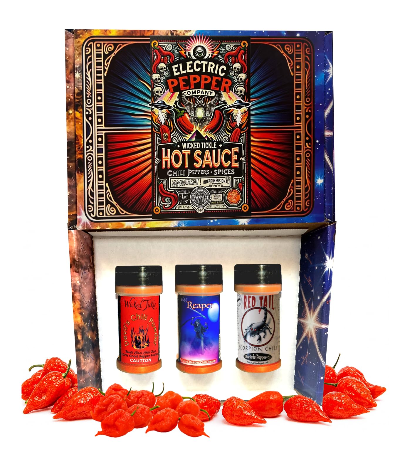 Wicked Reaper Extreme Chili Powder Gift Set, 3 Pack - Ghost, Scorpion, Carolina Reaper, 2 oz Bottles