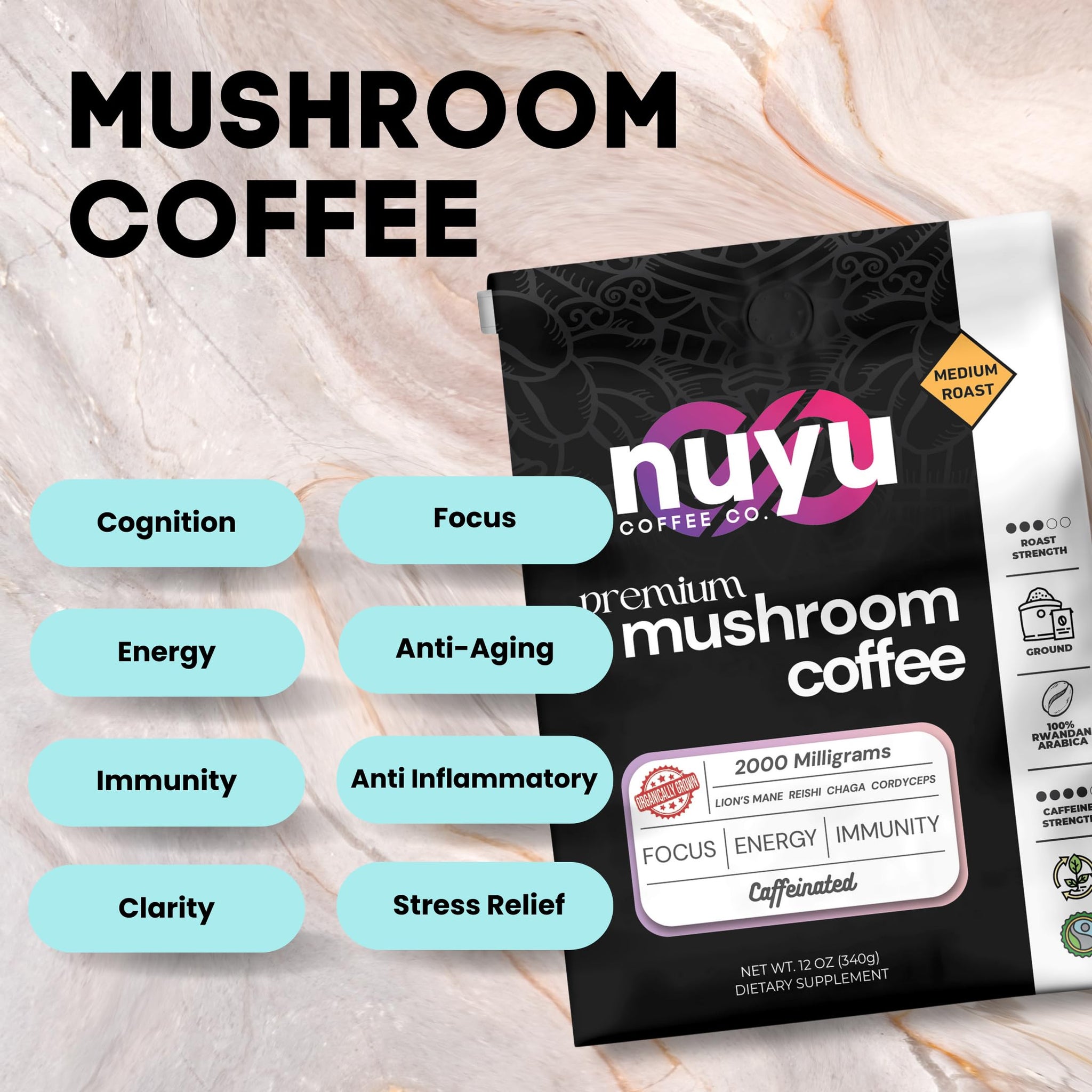 Nuyu Medium Roast Premium Mushroom Coffee, 12 oz, Specialty Ground 100% Arabica, 2000mg Functional Mushrooms, Lion's Mane, Reishi, Chaga, Cordyceps