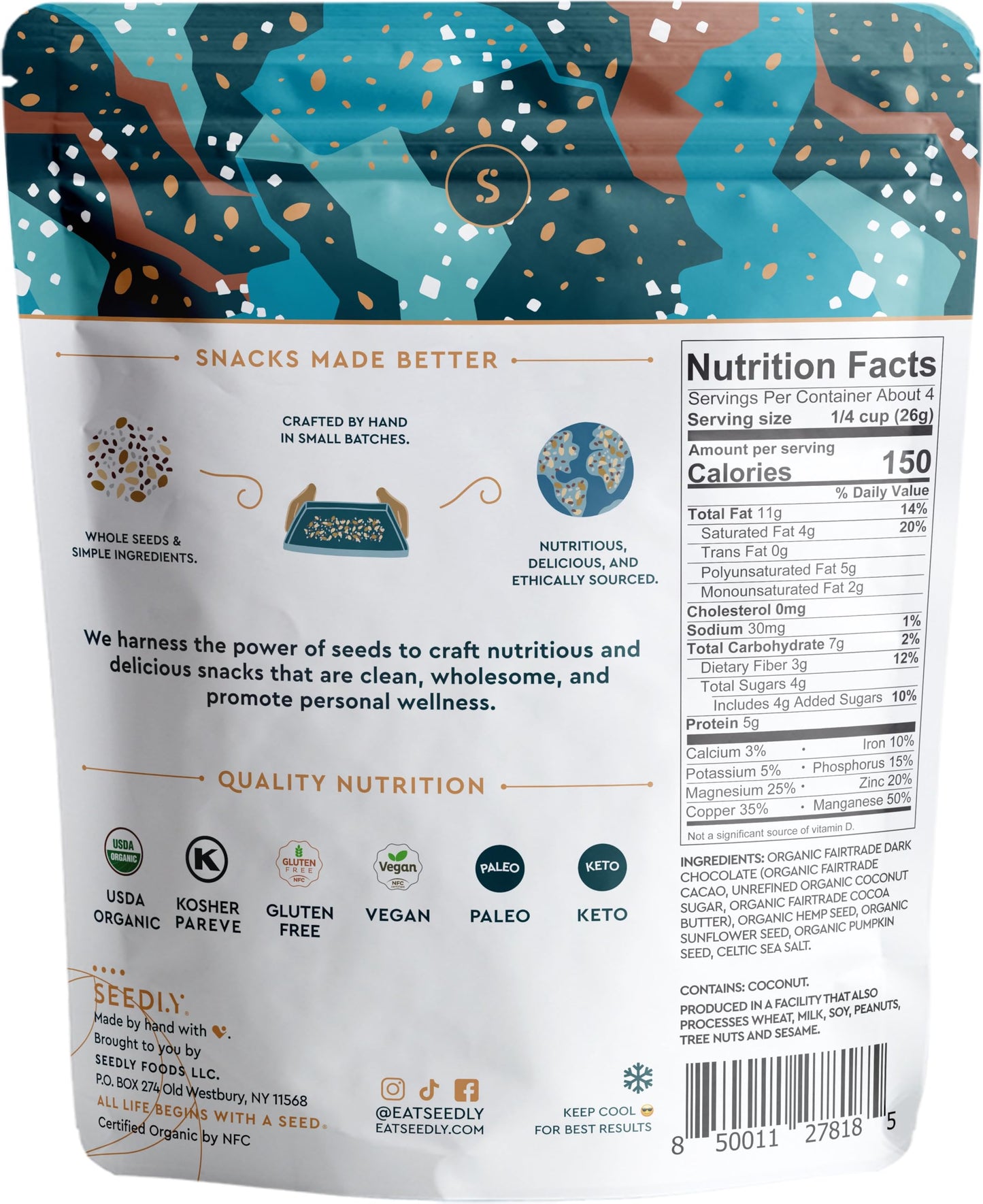 Seedly, Bark Seed Dark Chocolate Celtic Sea Salt Organic, 3.6 Ounce