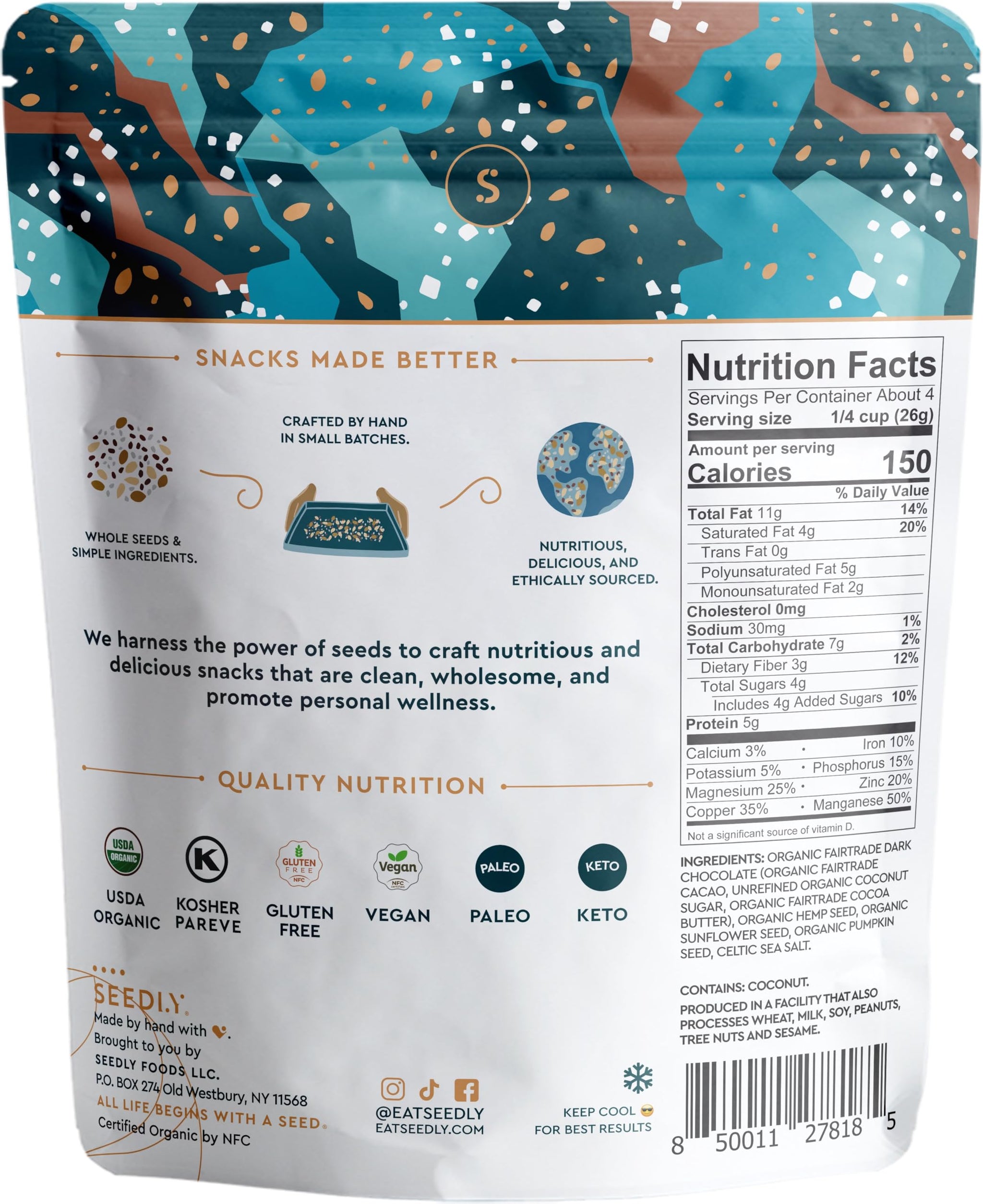 Seedly, Bark Seed Dark Chocolate Celtic Sea Salt Organic, 3.6 Ounce