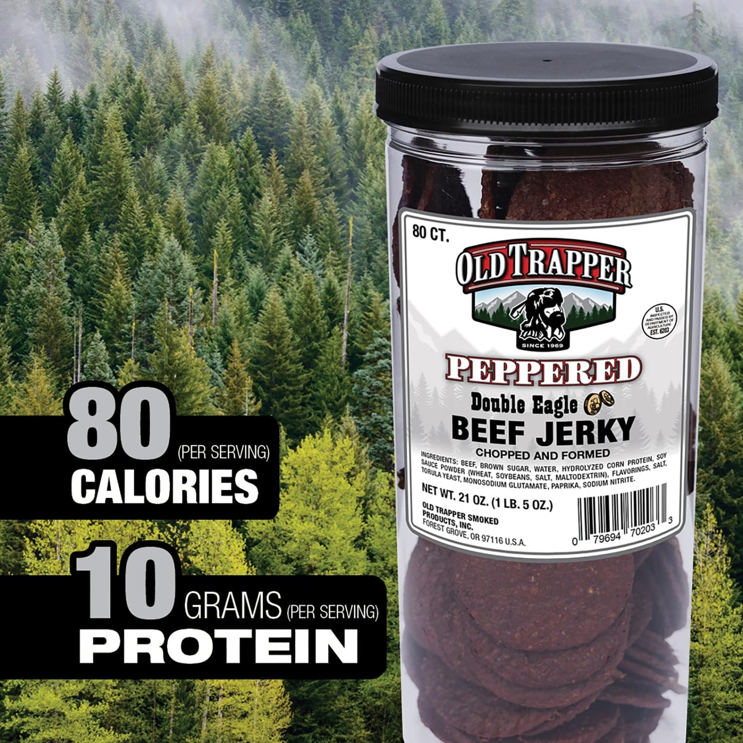 Old Trapper Double Eagle Beef Jerky, Peppered Flavor, 21oz. 80-Piece Jar, Natural Wood Smoked Meat Snacks, 10 Grams of Protein and 80 Calories per