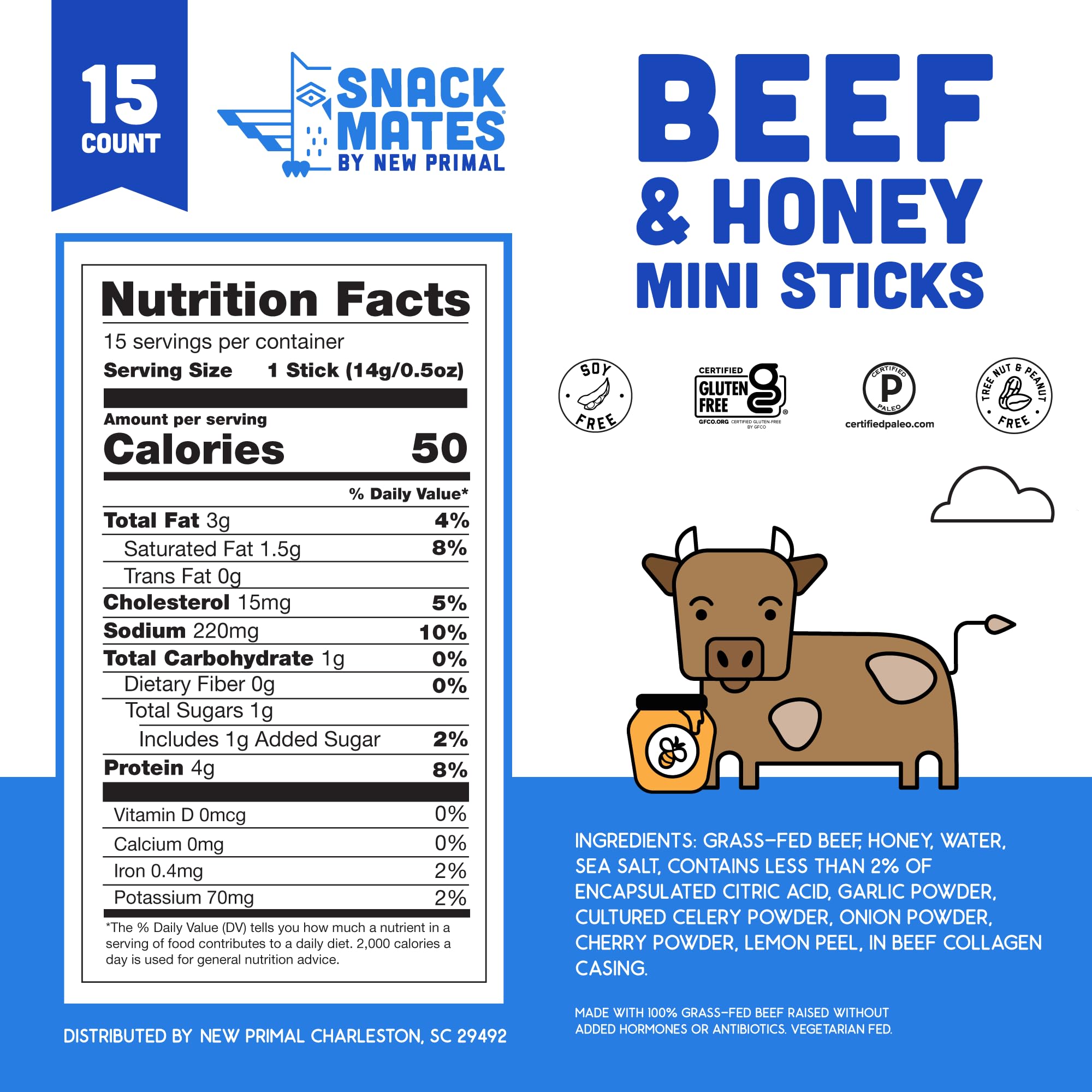 New Primal Snack Mates Beef & Honey Sticks, Healthy Snacks for Kids, Low Sugar High Protein Back to School Snacks, Gluten Free, Mini Jerky Meat Stick