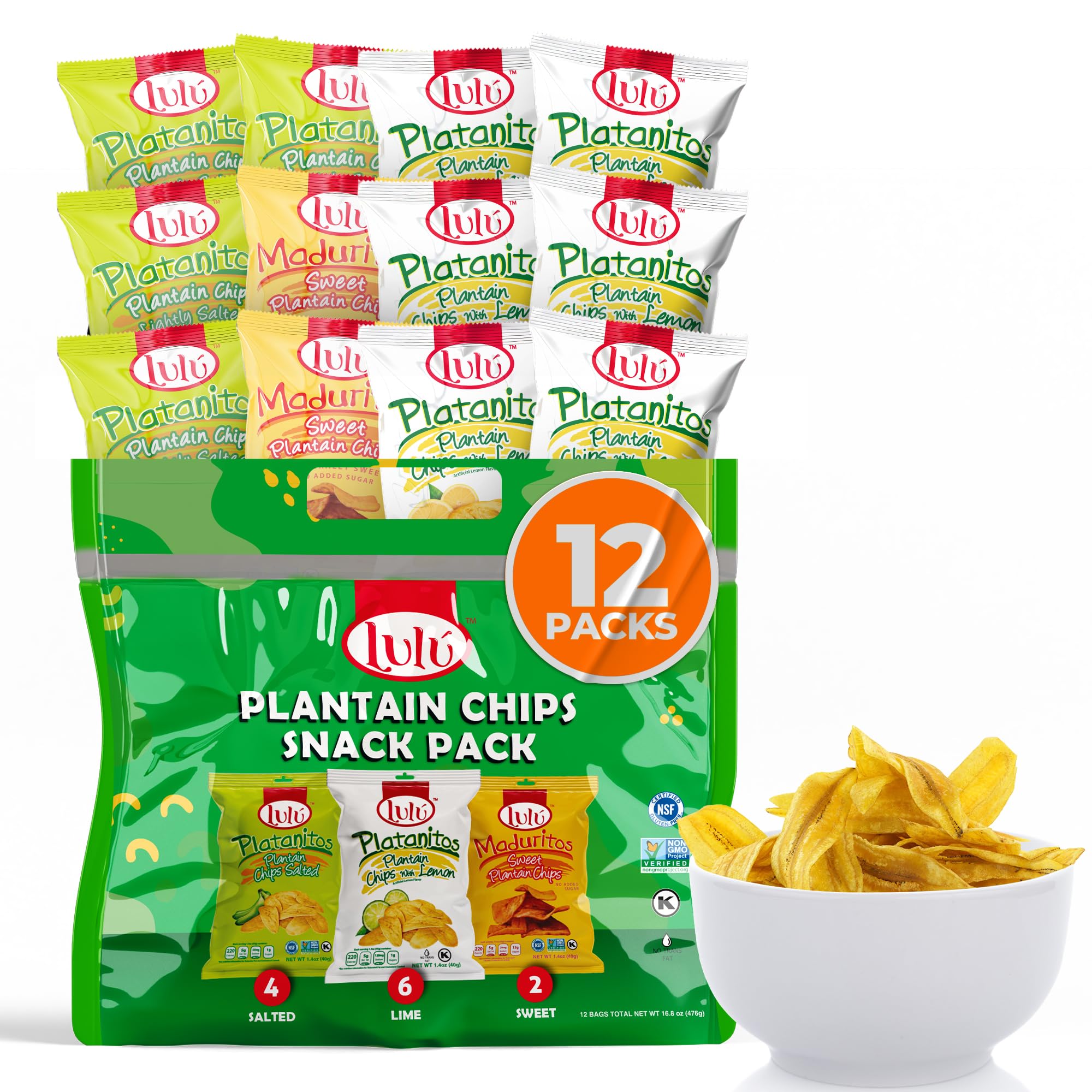 LULU Plantain Chips Variety Pack, 12 Individual Bags - 6 Lemon, 4 Lightly Salted, 2 Sweet Flavors - Crunchy Platanitos Chips, No Preservatives or