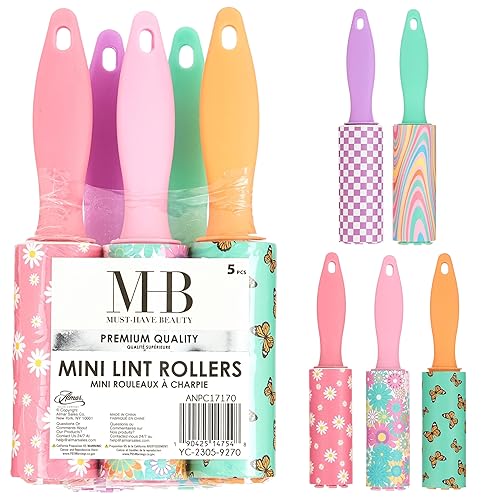 5pc Retro Mini Lint Roller Value Pack - Colorful Compact Rollers for Travel | Pet Hair & Lint Remover for Clothing & Household Use | Portable