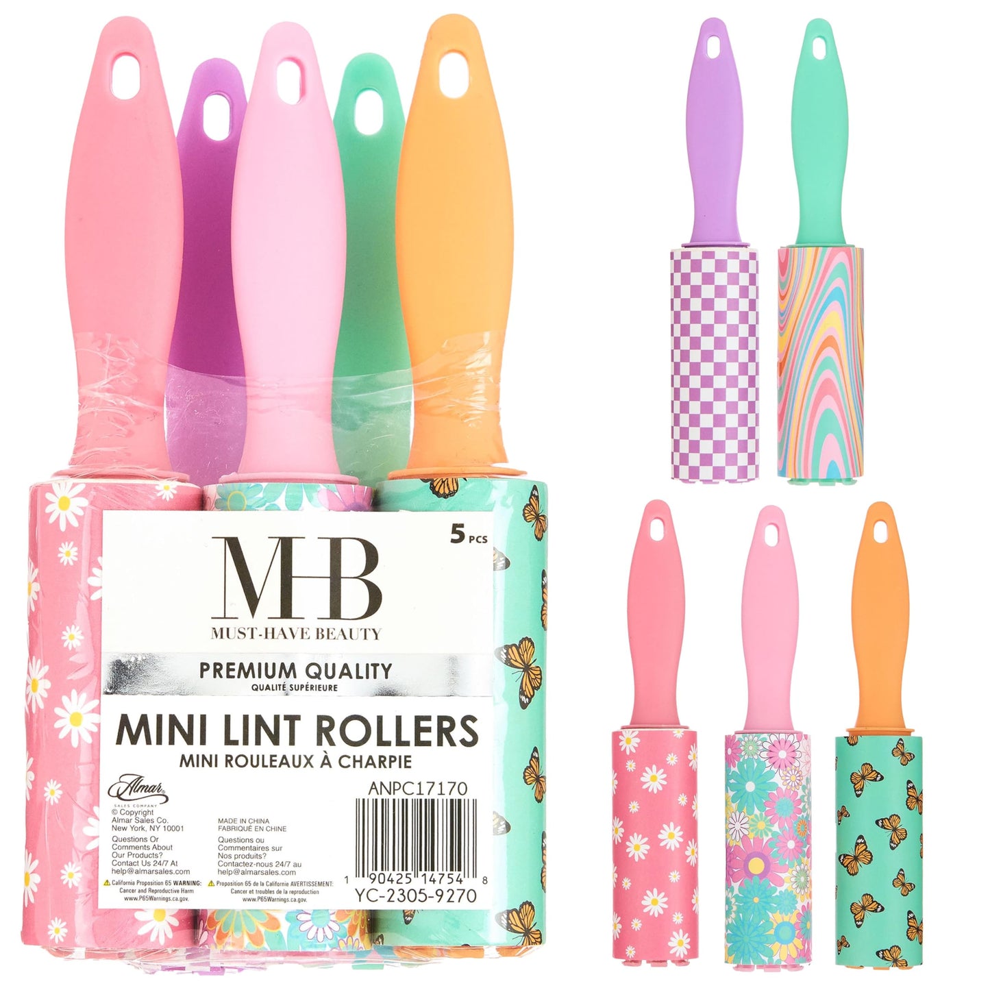 5pc Retro Mini Lint Roller Value Pack - Colorful Compact Rollers for Travel | Pet Hair & Lint Remover for Clothing & Household Use | Portable