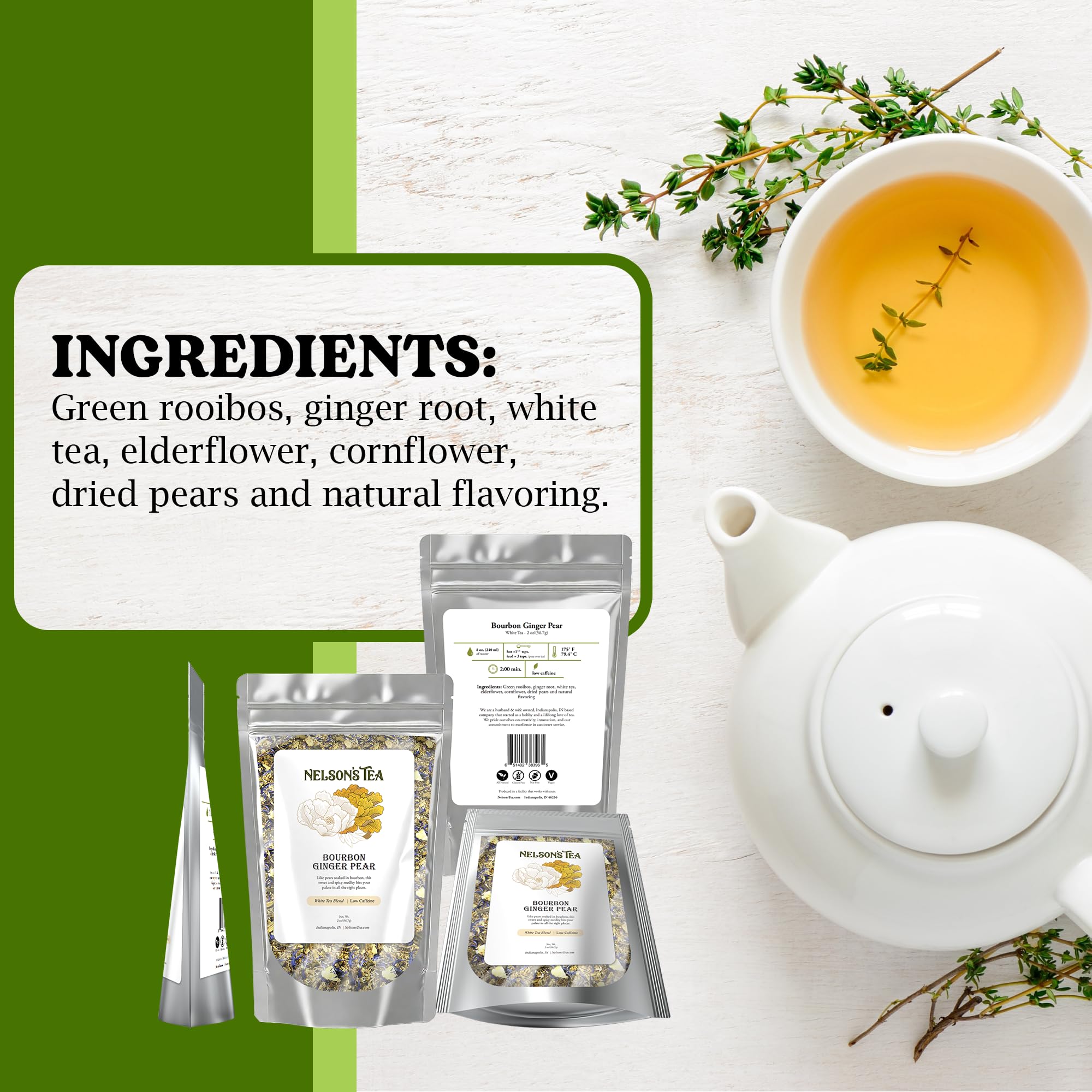 Nelson's Tea Bourbon Ginger Pear - Cut & Sifted Ginger Loose Leaf Tea with Dried Elderflower, Cornflower and Pears (2 oz)