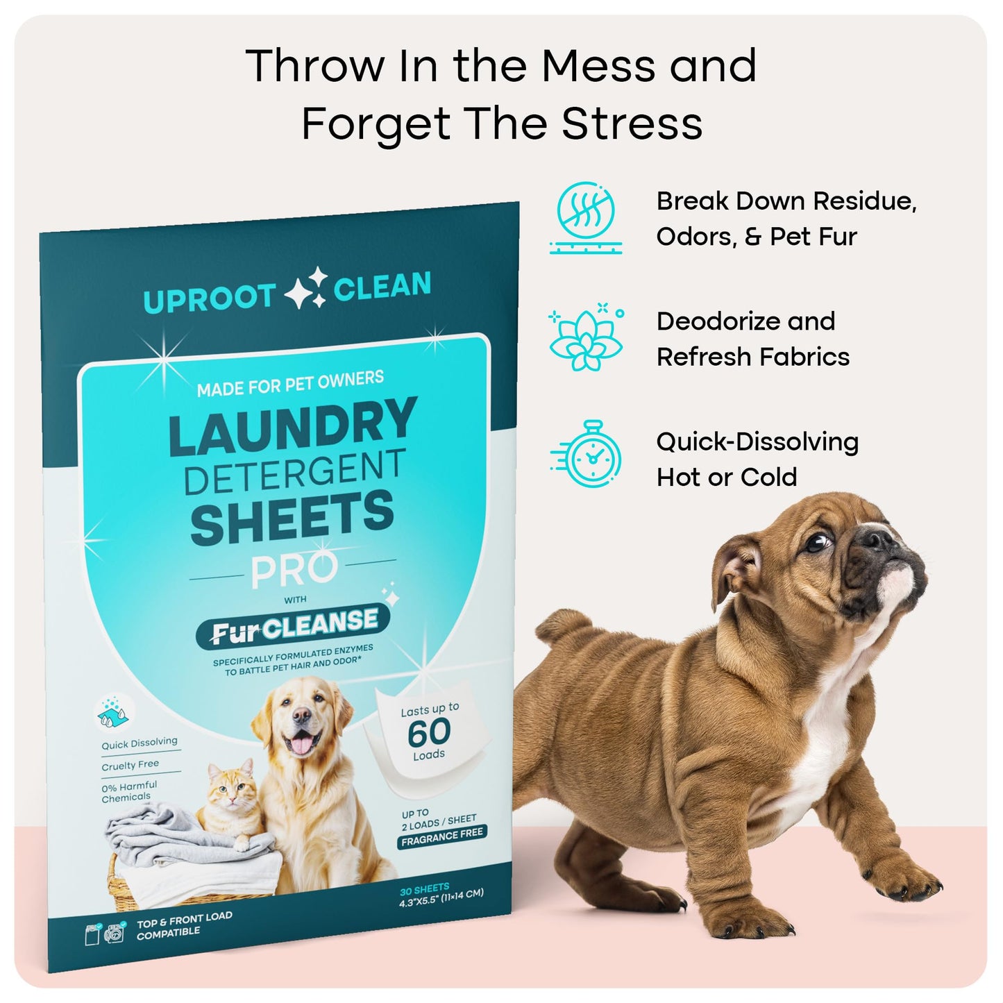 Uproot Clean Laundry Sheets Pro - 30 Pack - Fragrance-Free: Mineral-Powered Laundry Detergent Sheets Travel Pack - Eliminate Clinging Fur, Pet Odors