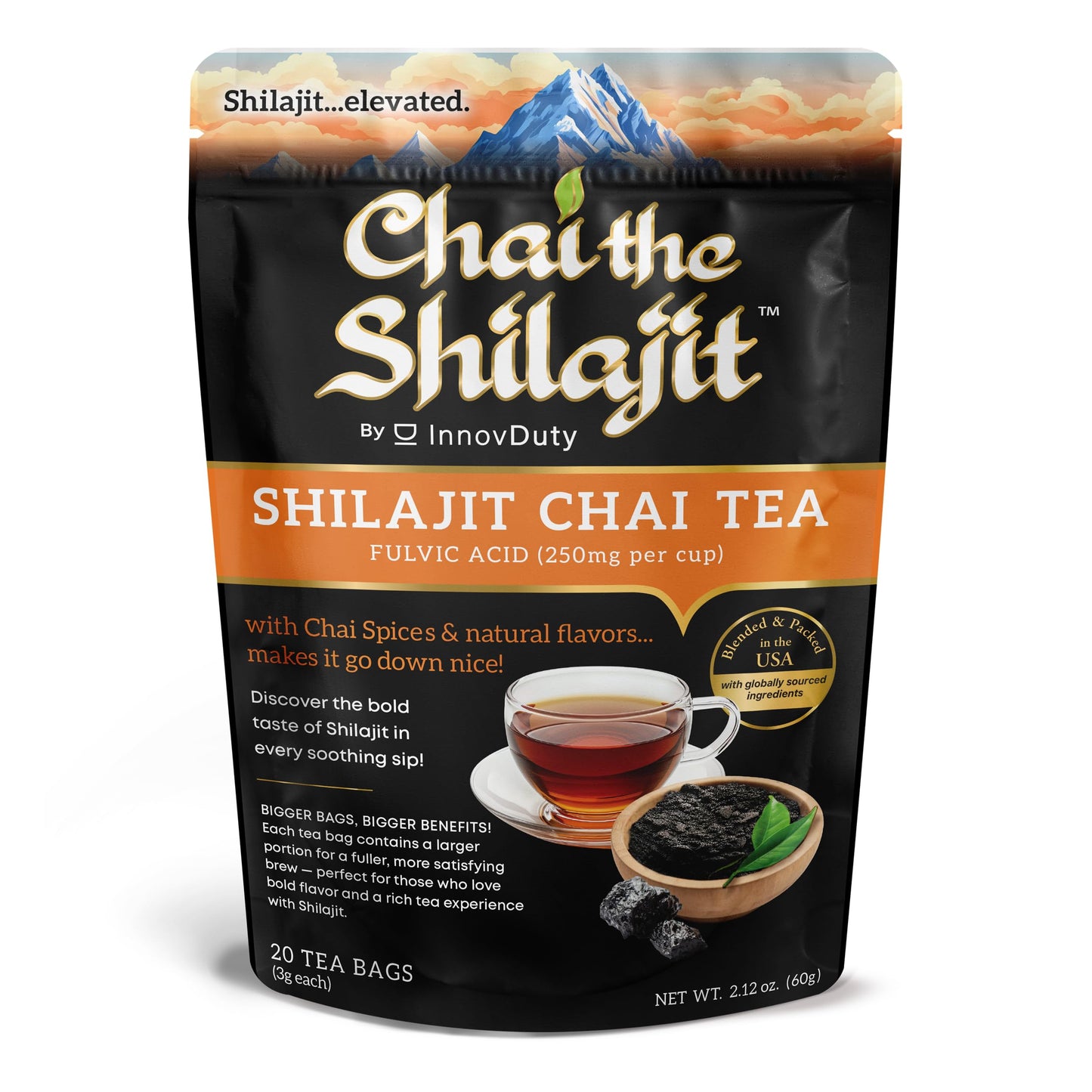 Authentic Shilajit Chai Tea - 20 Tea Bags - Black Tea with Herbal Chai Spices & Shilajit - Smooth & Aromatic - Blended & Packed in USA - InnovDuty
