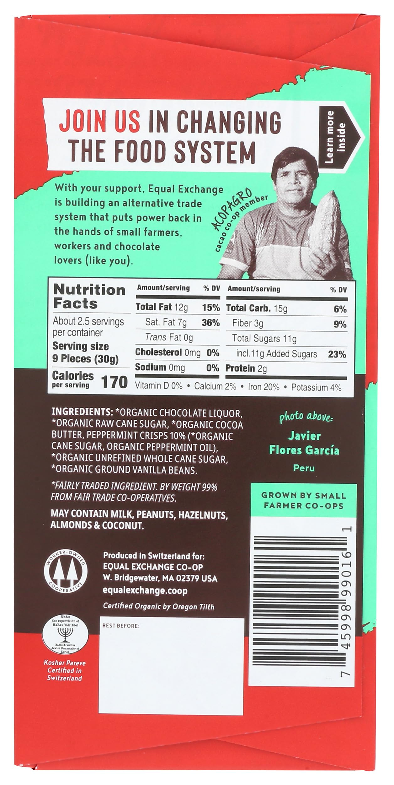 Equal Exchange Organic Dark Chocolate Mint Crunch 80g, 2.8 oz