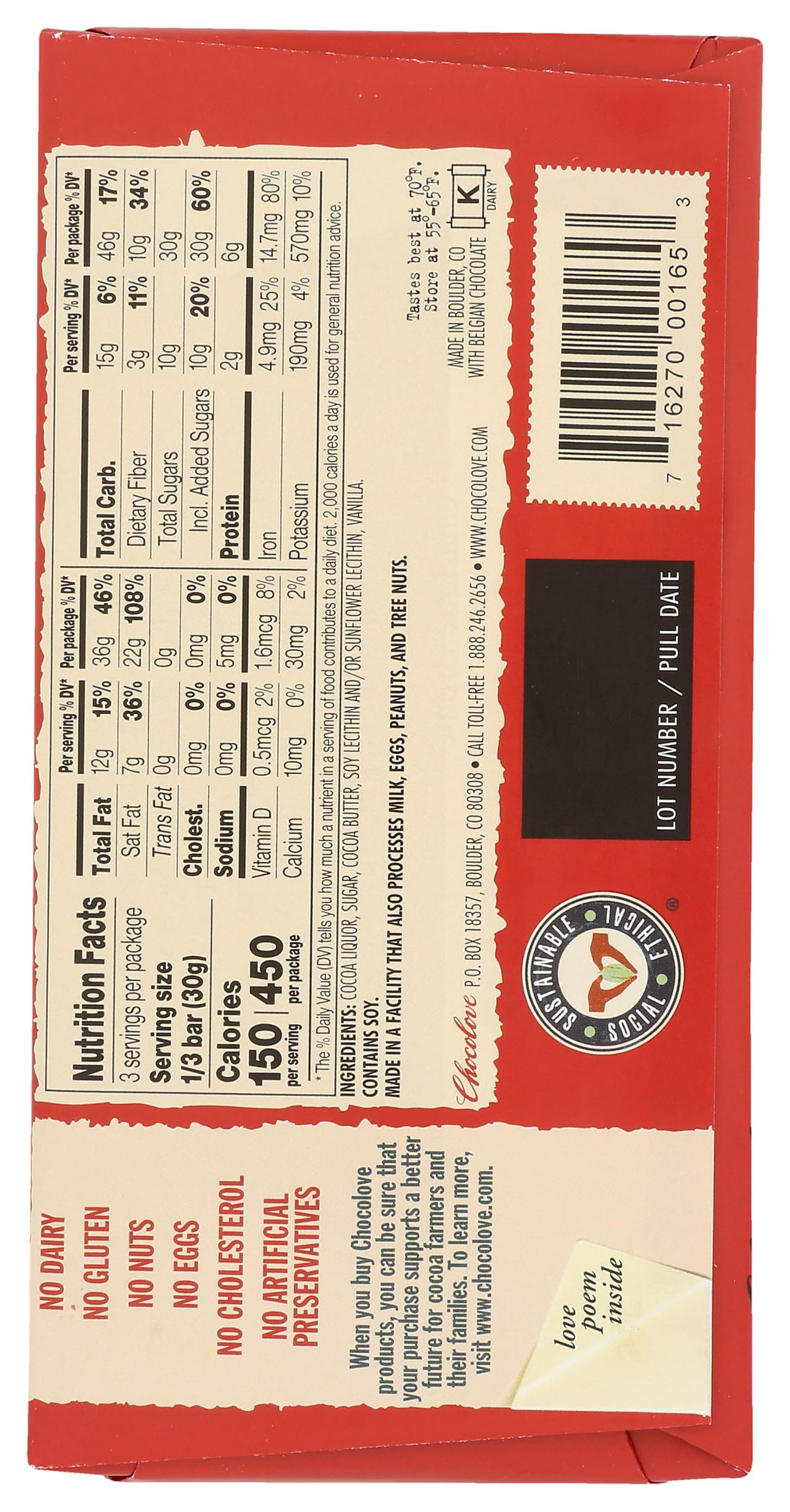 Chocolove Rich Dark Chocolate Bar, 3.2 OZ
