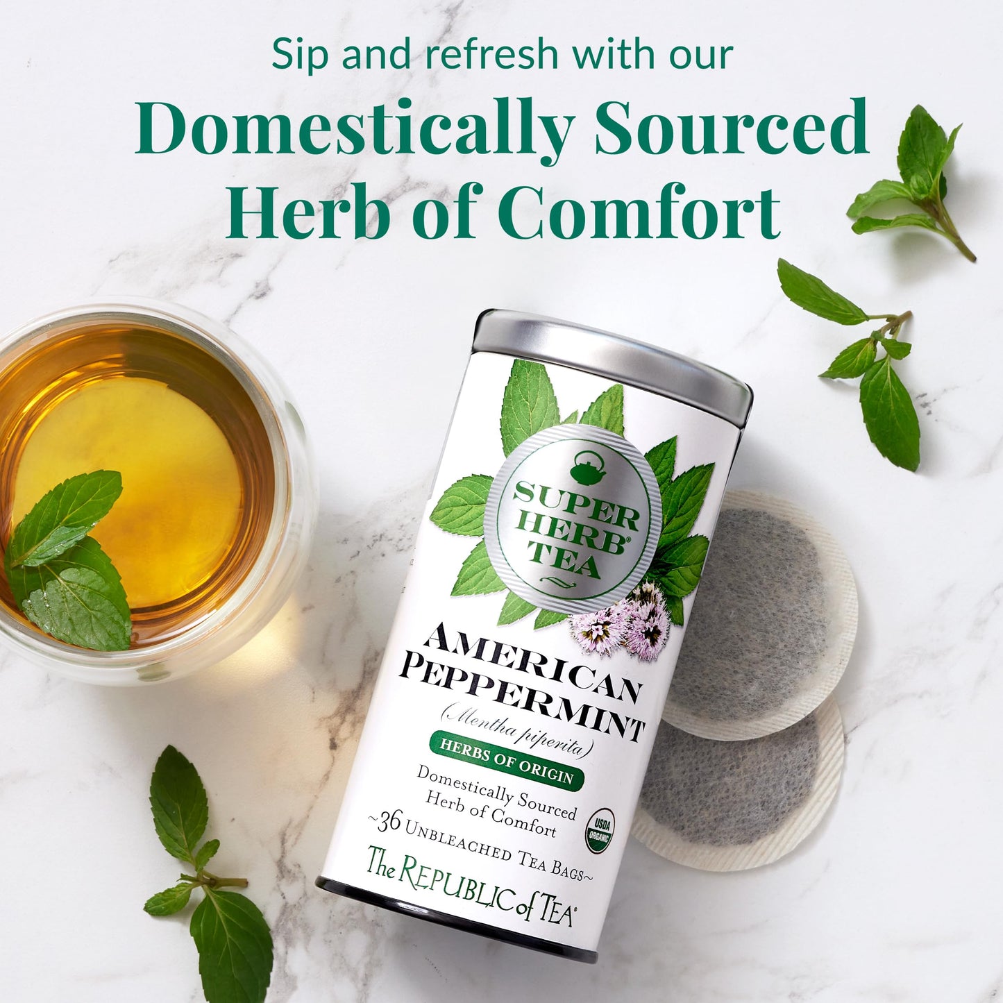 The Republic of Tea - Organic American Peppermint SuperHerb Tea Tin, 36 Herbal Tea Bags, Naturally Caffeine-Free Herbs of Origin