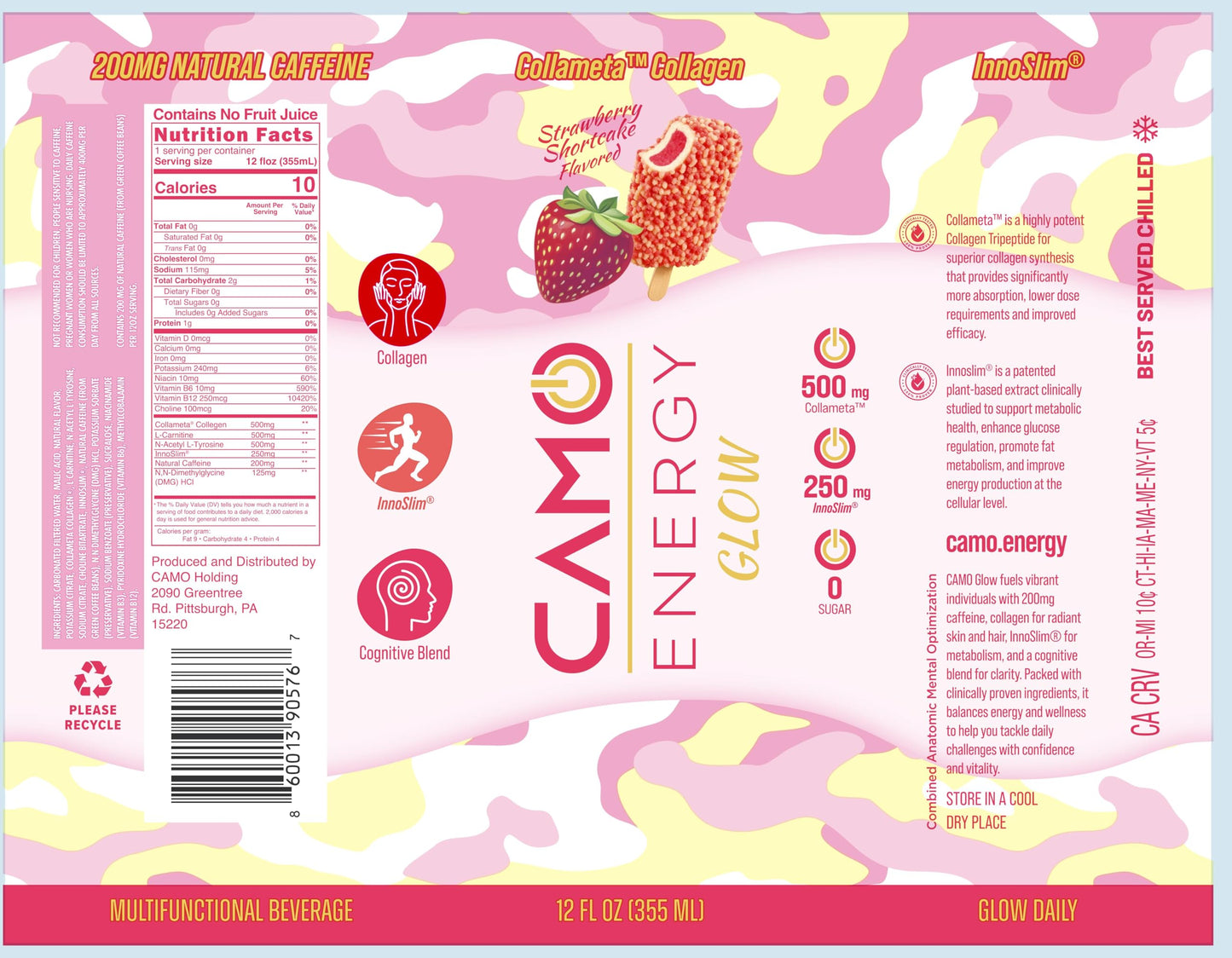CAMO Energy Glow Strawberry Shortcake, 200mg Natural Caffeine, Collameta® Collagen Peptides, InnoSlim®, Zero Sugar, 12oz Cans, 12 Pack