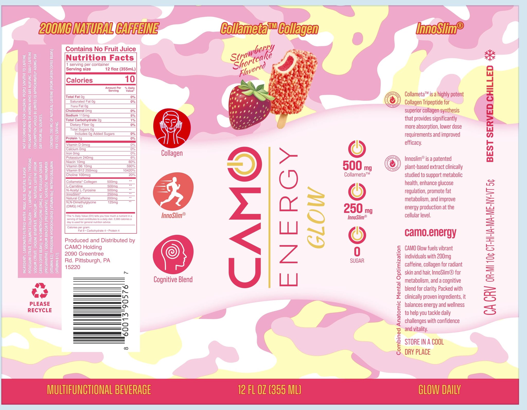 CAMO Energy Glow Strawberry Shortcake, 200mg Natural Caffeine, Collameta® Collagen Peptides, InnoSlim®, Zero Sugar, 12oz Cans, 12 Pack
