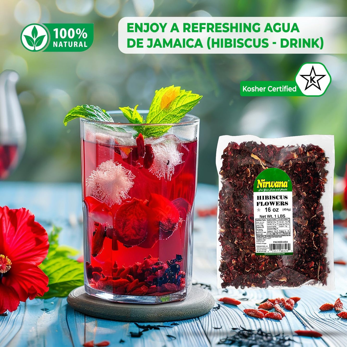 Premium Dried Hibiscus Flowers - Whole Flower Petals for Herbal Infusions, Loose Leaf Blends, and Culinary Use - Great with Dandelion Root, Raspberry