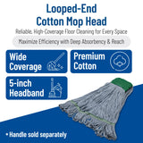 SPARTA 369551B14 Cotton Mop Head, Loop-Ended, 5 Inch Color-Coded Green Headhand for Organized Cleaning, Medium - 36 Inches Long, Blue with Green Band