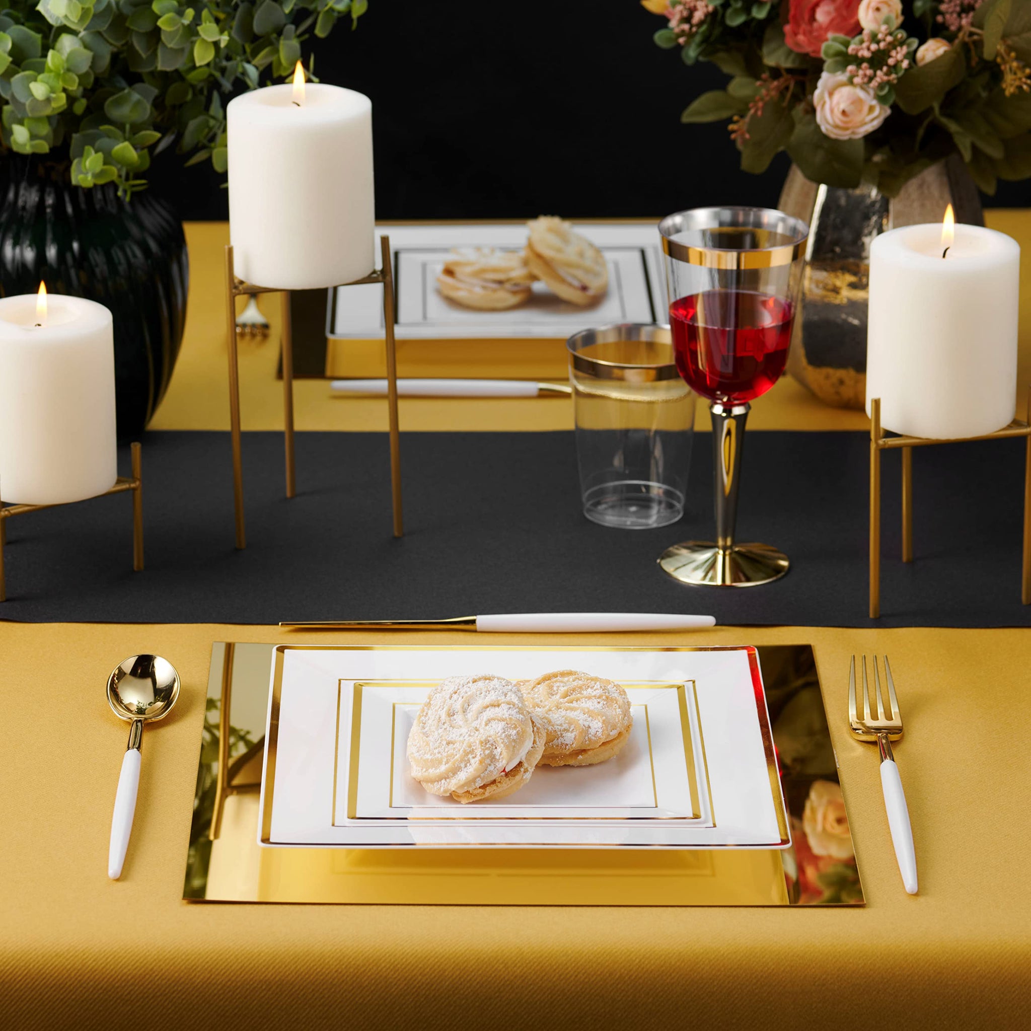 BloominGoods Plastic Disposable Square Dessert Plates | 50-Pack 6.5 inches White with Gold Rim Square Plates | Ideal for Weddings, Parties, Catering |