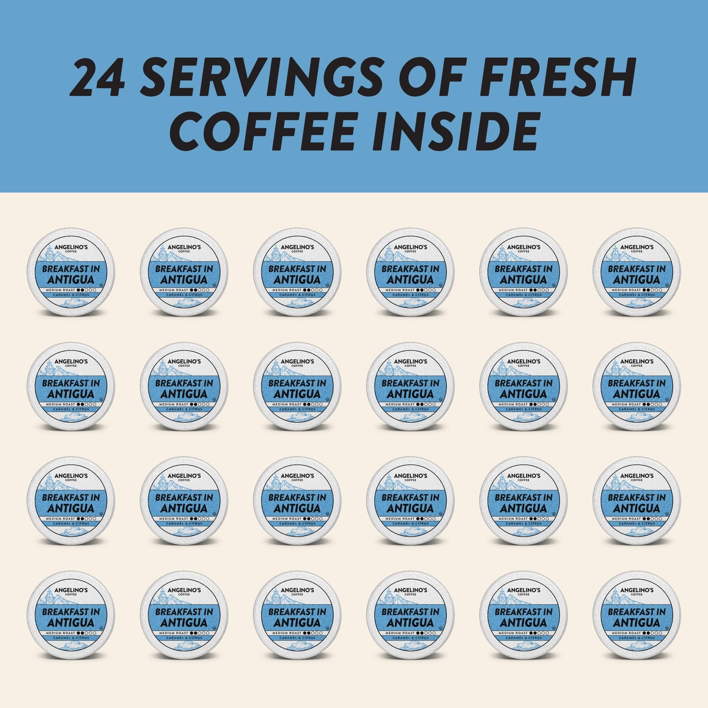 Angelino's Coffee Breakfast in Antigua Coffee Pods, 24 Count - Medium Roast Shade-Grown Guatemalan Blend, K Cup Compatible for Keurig - Notes