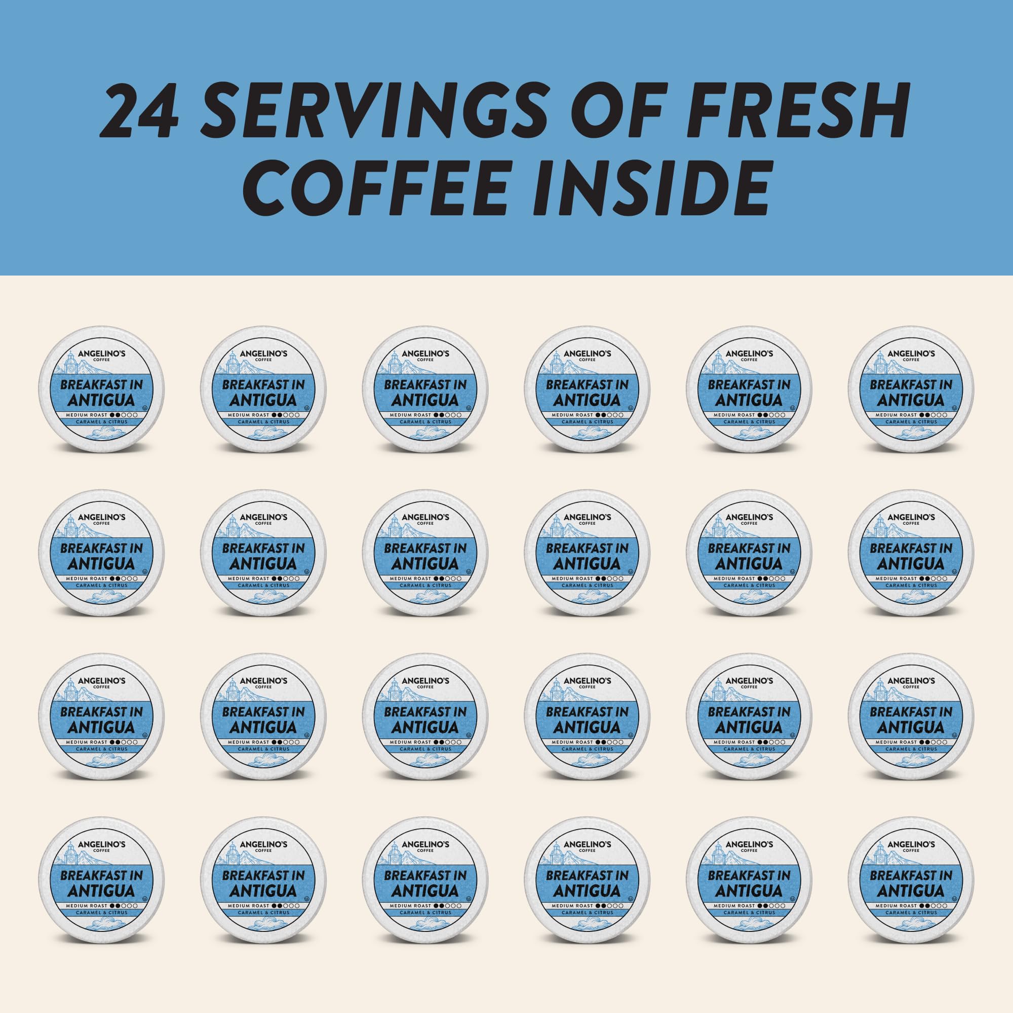 Angelino's Coffee Breakfast in Antigua Coffee Pods, 24 Count - Medium Roast Shade-Grown Guatemalan Blend, K Cup Compatible for Keurig - Notes