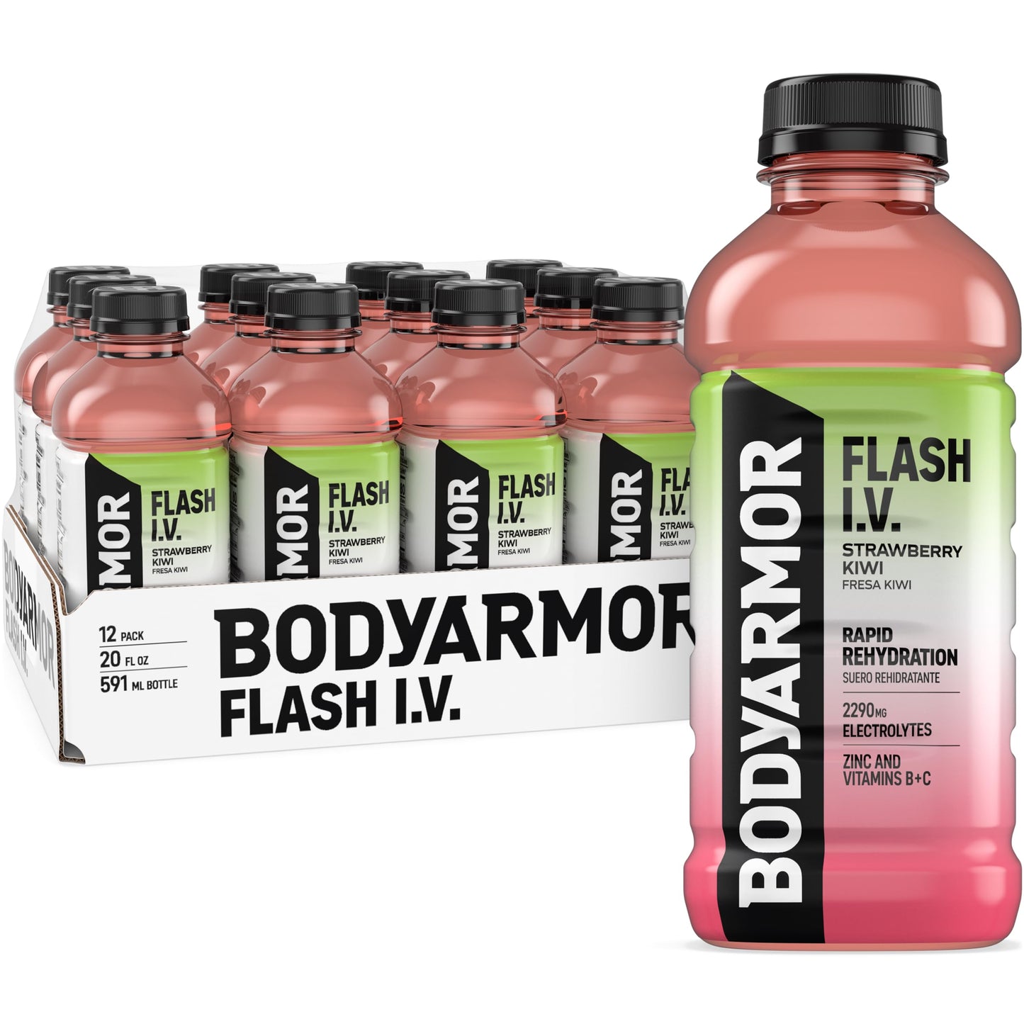 BODYARMOR Flash I.V. Electrolyte Beverage, Strawberry Kiwi, Hydration Drink with Coconut Water For Rapid Rehydration, Post Workout Recovery, 20 Fl Oz