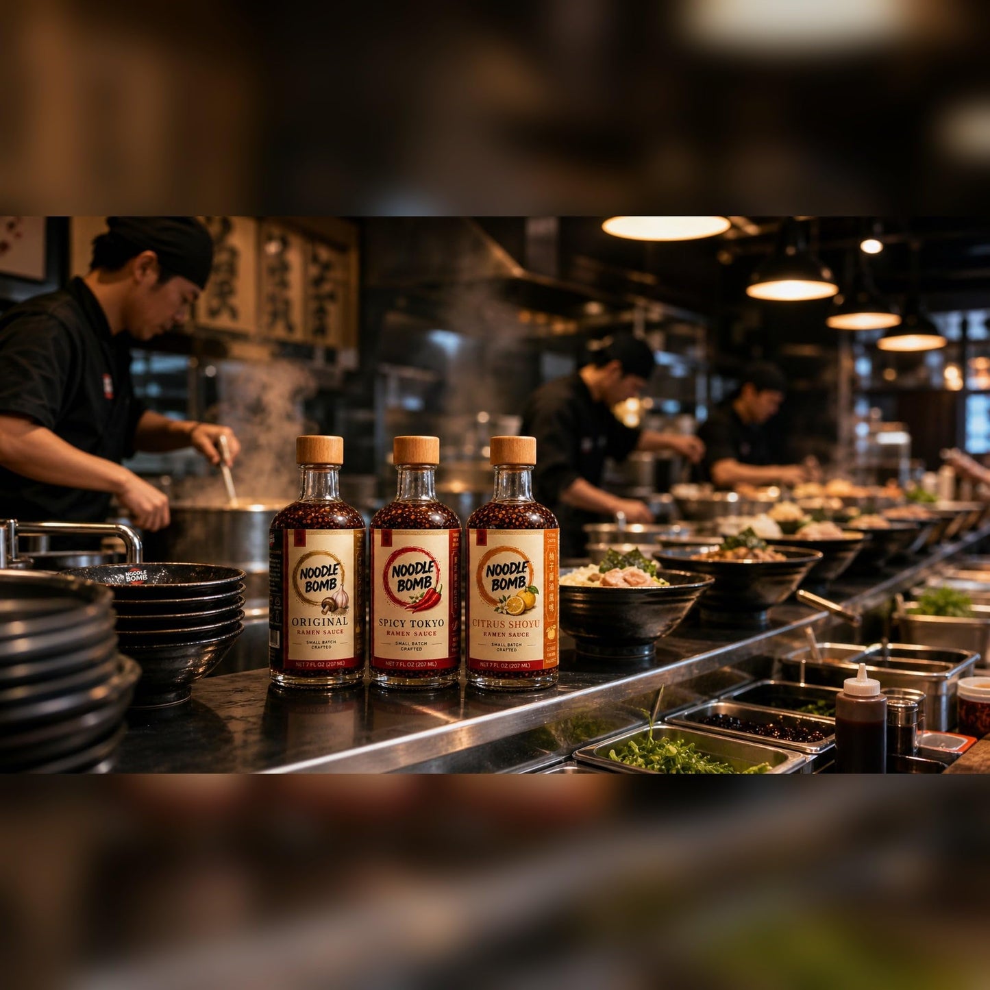 NoodleBomb Ramen Sauce Trio - Original, Spicy Tokyo & Citrus Shoyu - 3 Bottle Japanese-Style Sauce Sampler