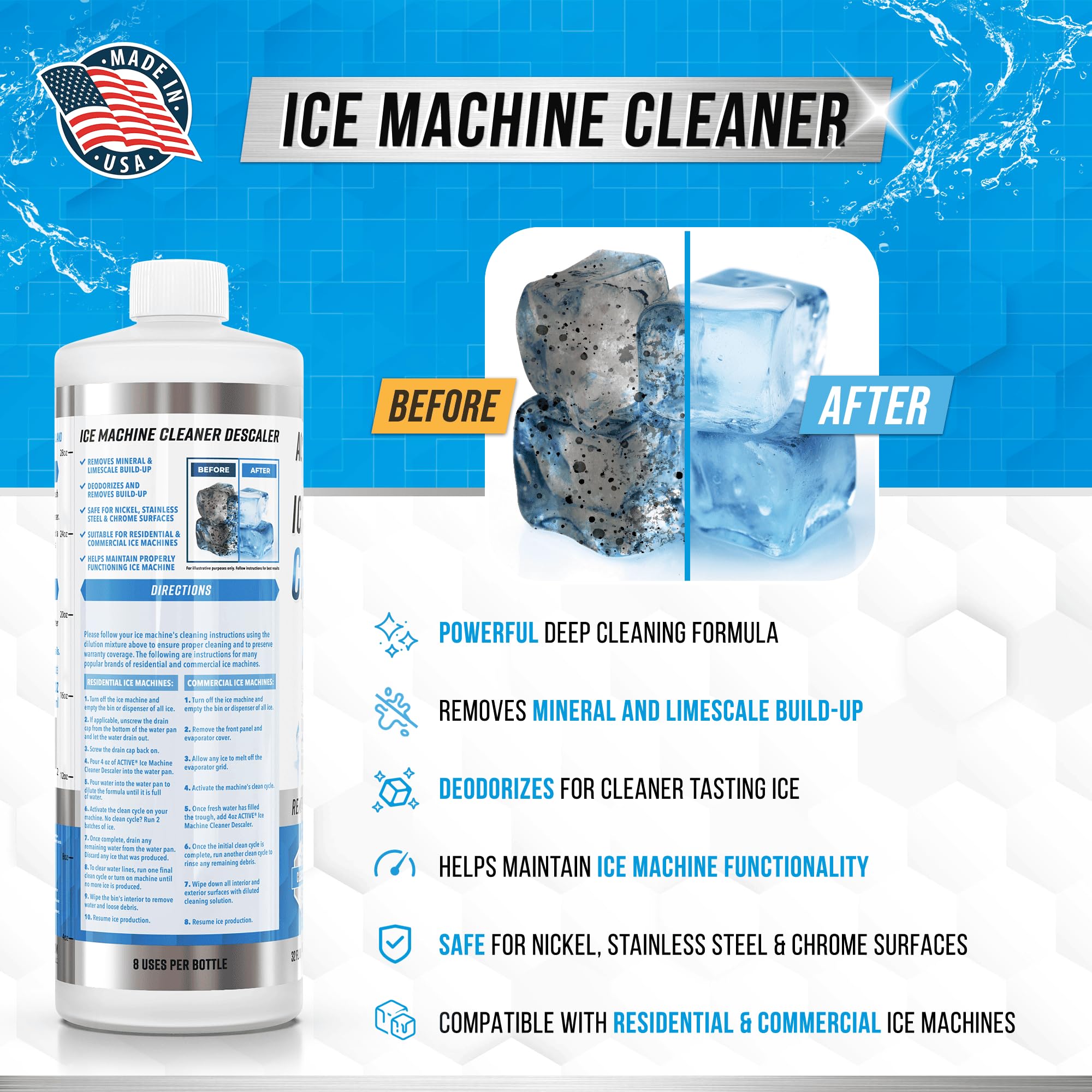ACTIVE Ice Machine Cleaner Maker Descaler - 32 fl oz (8 Uses) Nickel Safe Ice Maker Cleaner Solution - Compatible with Whirlpool 4396808