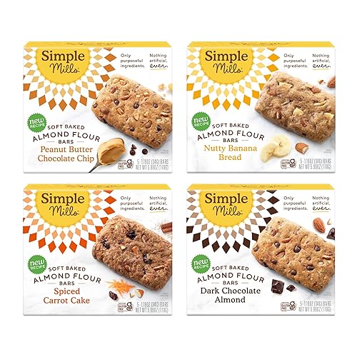 Simple Mills Almond Flour Snack Bars (Nutty Banana, Spiced Carrot Cake, Dark Chocolate Almond, Peanut Butter Chocolate Chip) - Gluten Free, Made