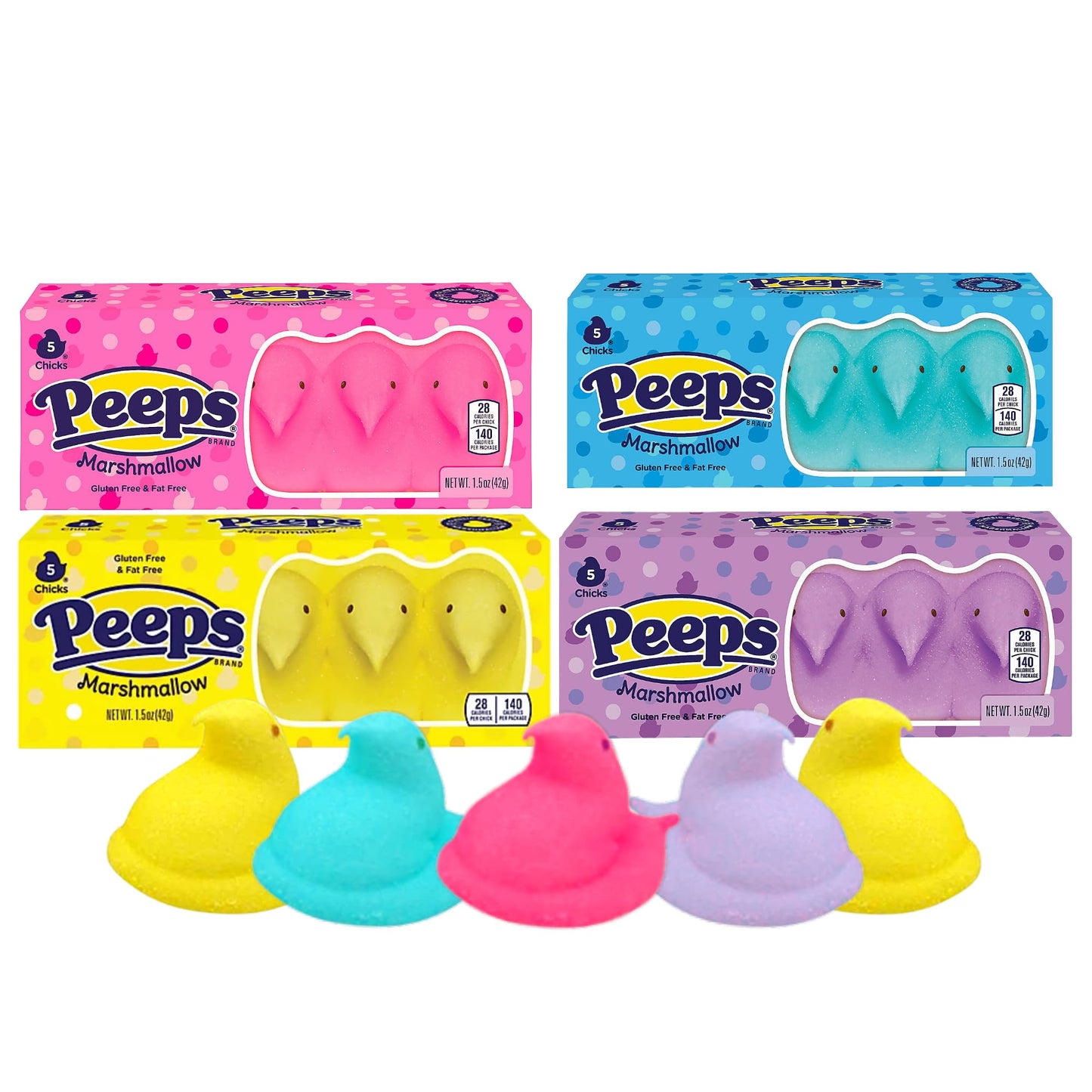 Peeps Marshmallow Chicks Variety Pack - Pink Blue Yellow Purple Easter Treats, 5 Count Boxes (Pack of 4)