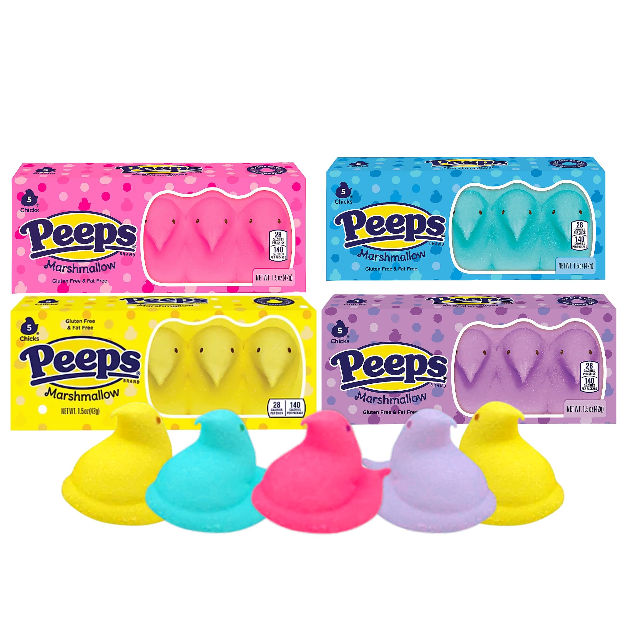 Peeps Marshmallow Chicks Variety Pack - Pink Blue Yellow Purple Easter Treats, 5 Count Boxes (Pack of 4)