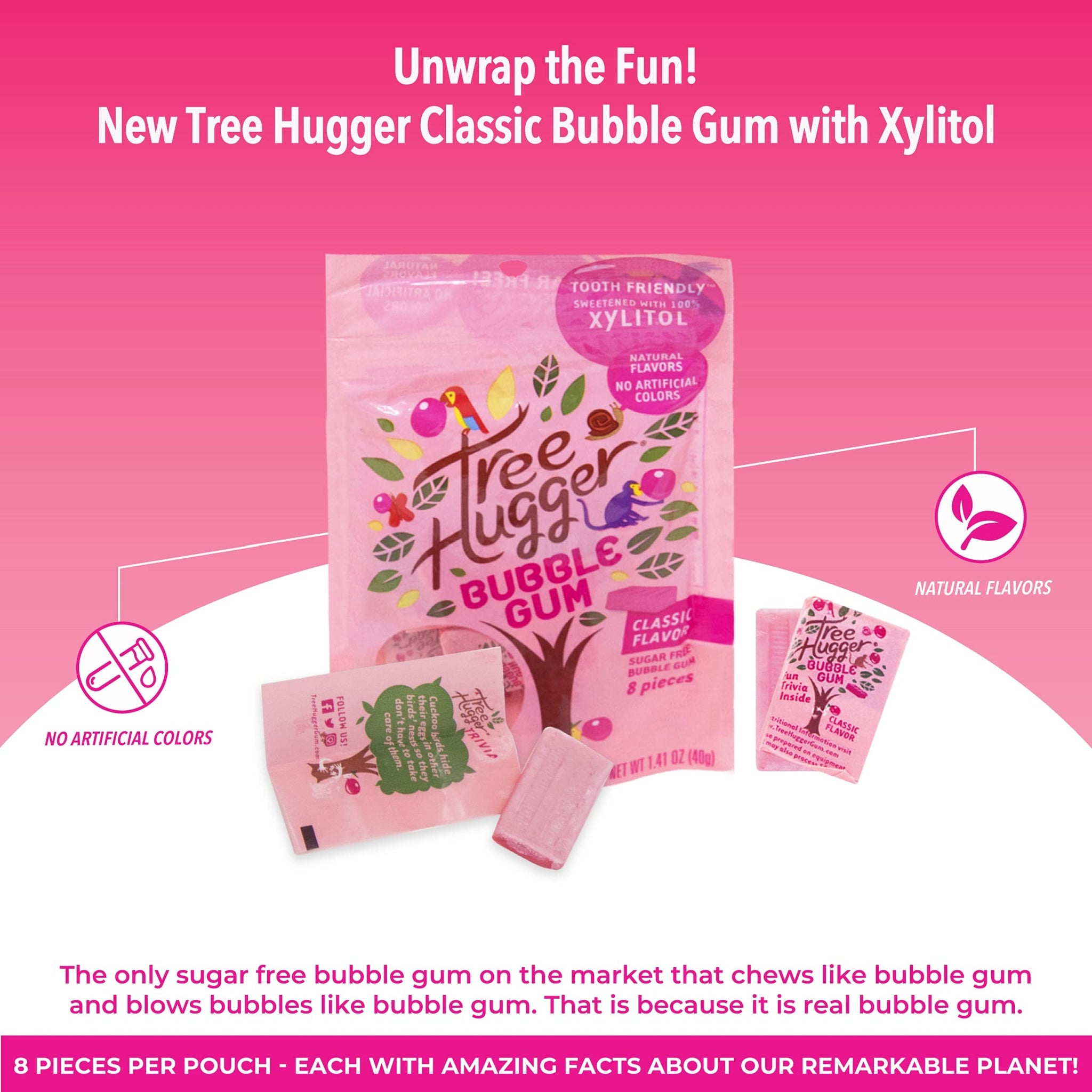 Tree Hugger Classic Bubble Gum Sweetened with 100% Tooth Friendly Xylitol, 1.4 oz /8 Pieces Per bag (Pack of 12 Bags)