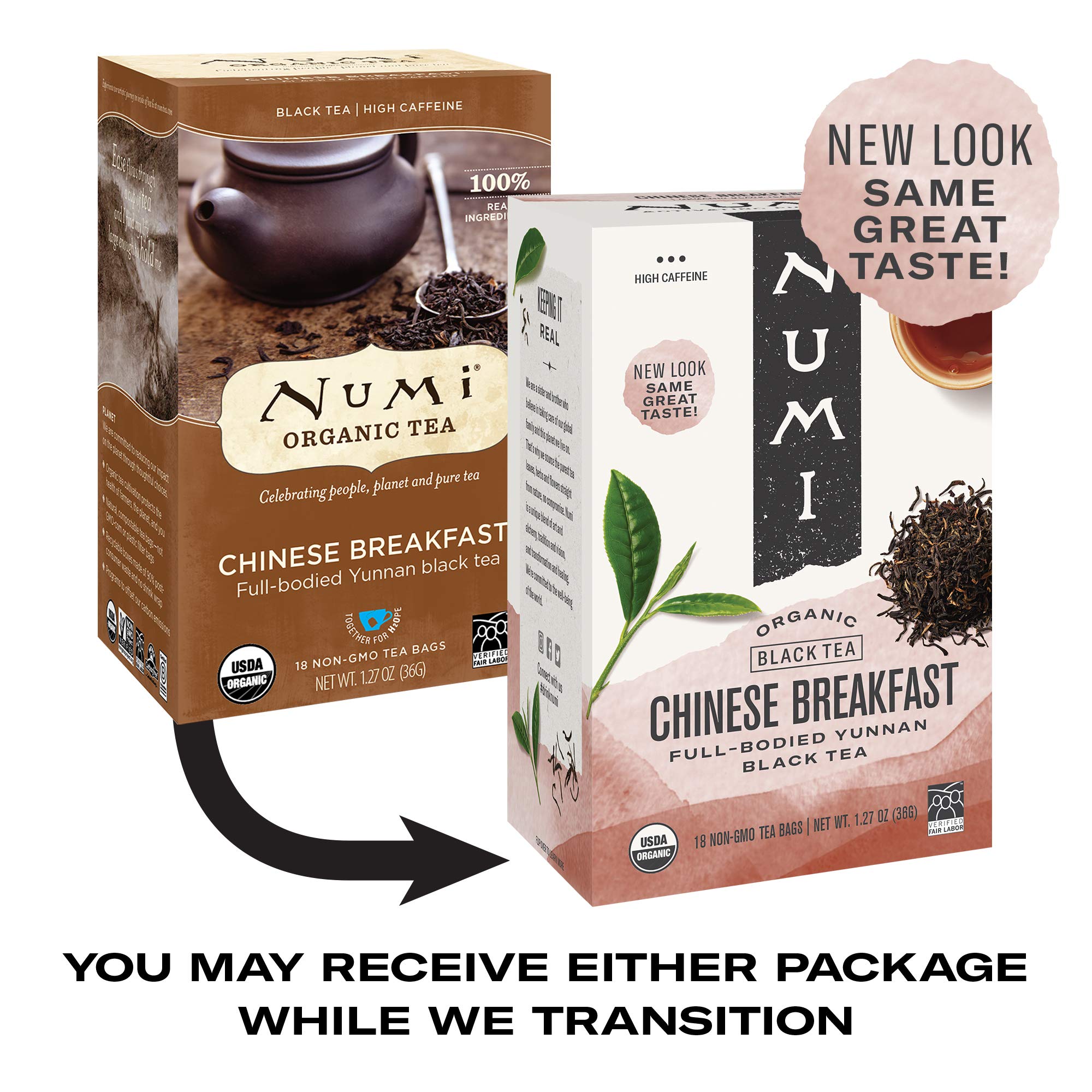 Numi Organic Tea Chinese Breakfast, 18 Count Box Of Tea Bags (Pack Of 6), Yunnan Black Tea