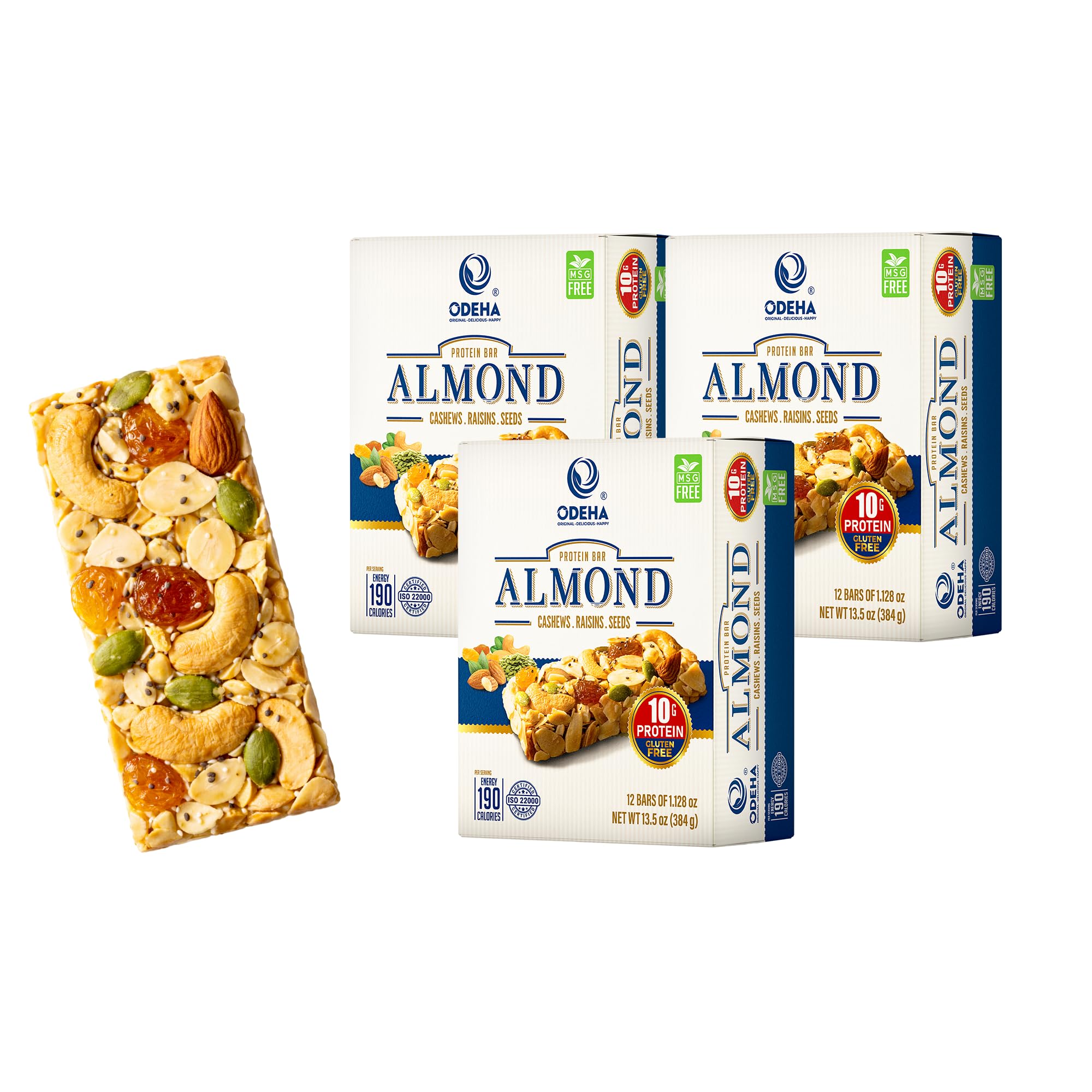 ODEHA Almond Protein Bar - Vegan Snack Bars with Cashews, Raisins & Seeds - MSG Free - Premium Asian Chips - Healthy Snack for Adults and Kids - Pack