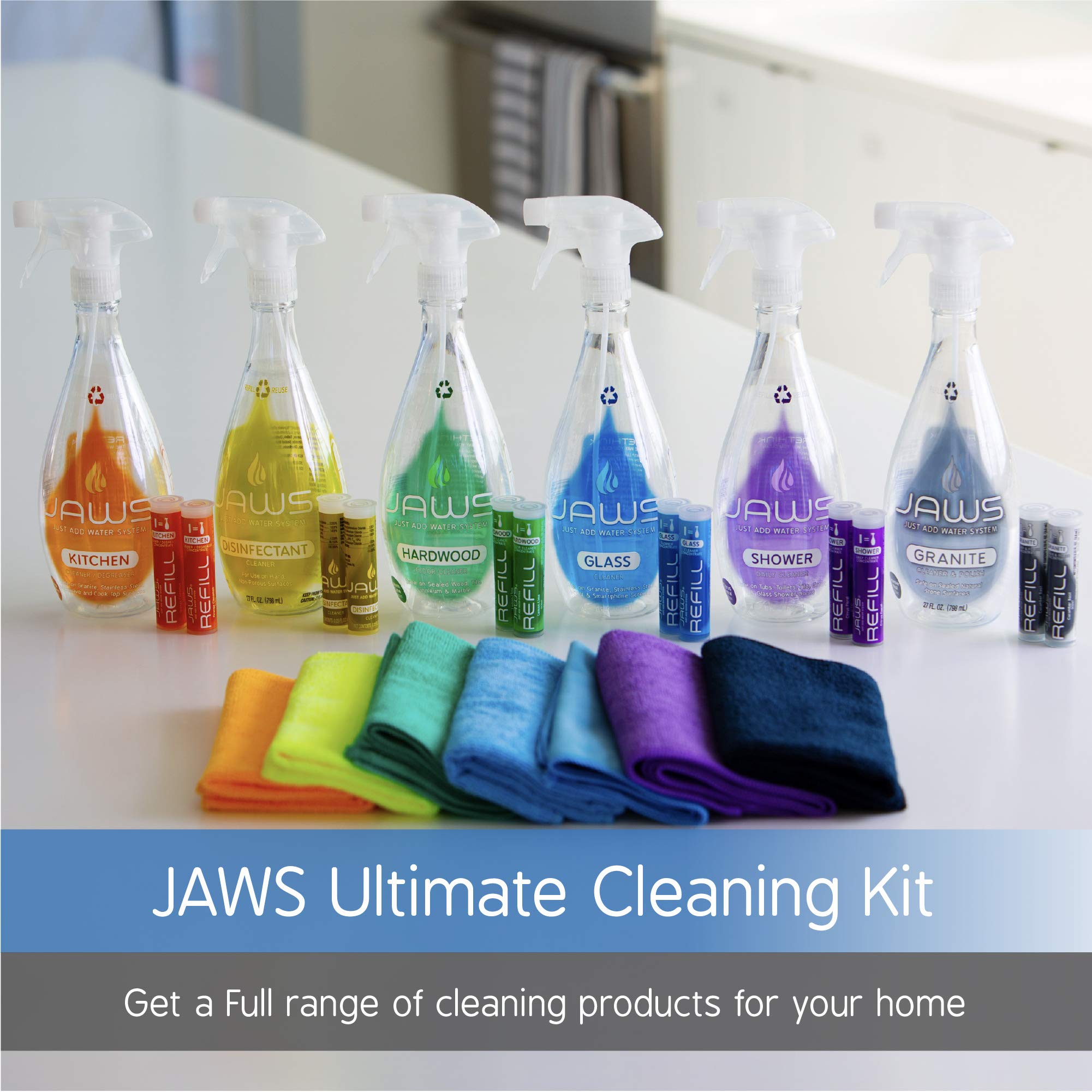 JAWS Cleaners Ultimate Cleaning Kit, Multi-Surface Kitchen, Glass, Shower, Granite, Hardwood Floor and Disinfectant, 2 Refill Pods of Each, Includes